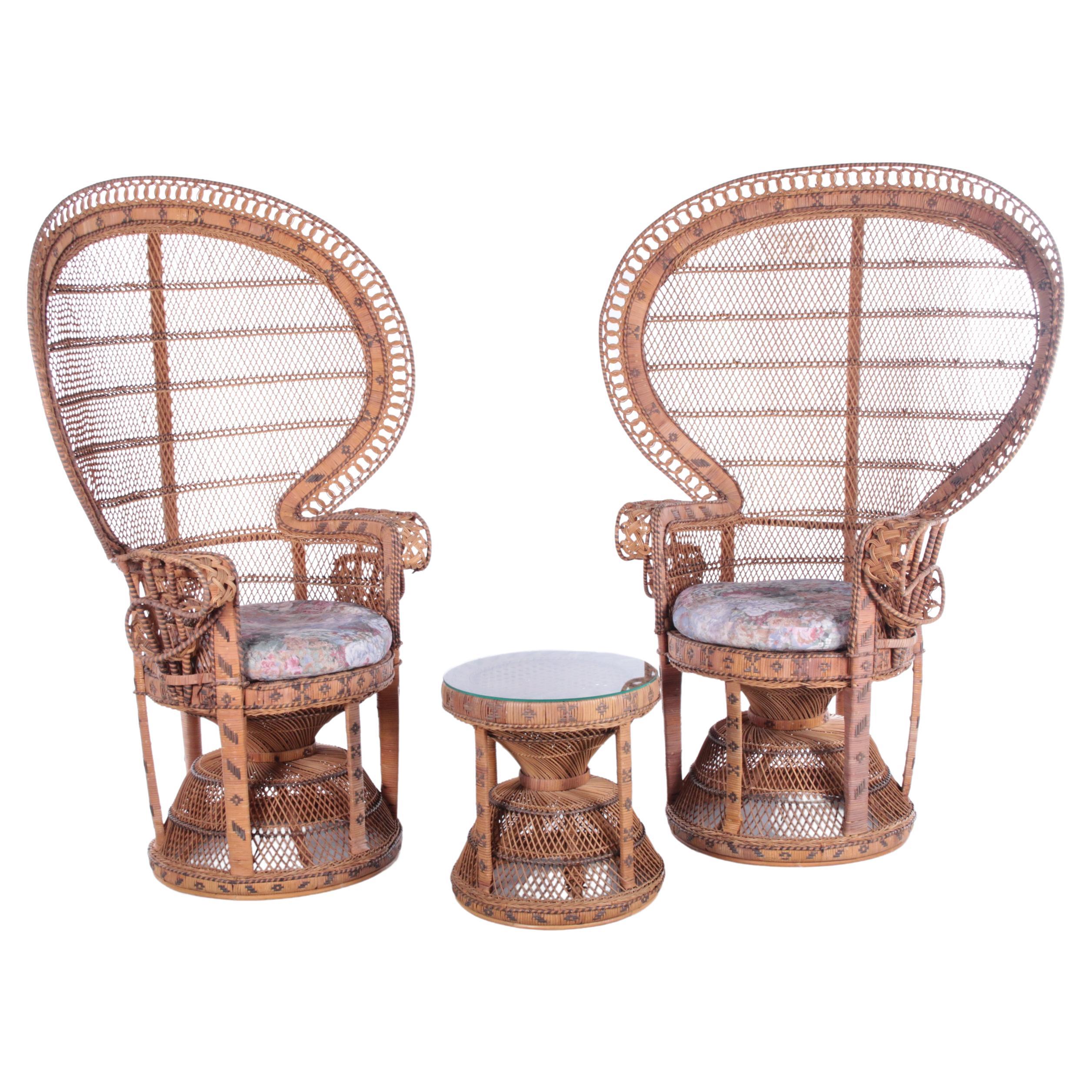 Set of Two King Sized Emmanuelle Peacock Chairs with Side Table