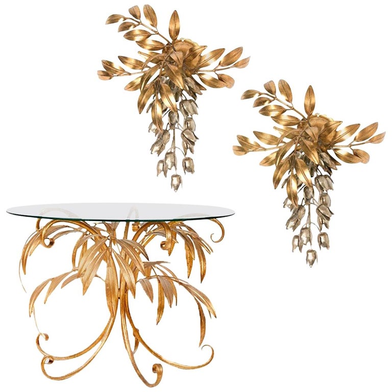 Set of Two Kögl Gilt Metal Palm Tree Wall Sconces and One Side Table, 1960 For Sale