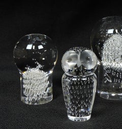 Set of Two Kosta Boda Crystal Paperweights Mushroom & Owl by Lindstrand, Warff