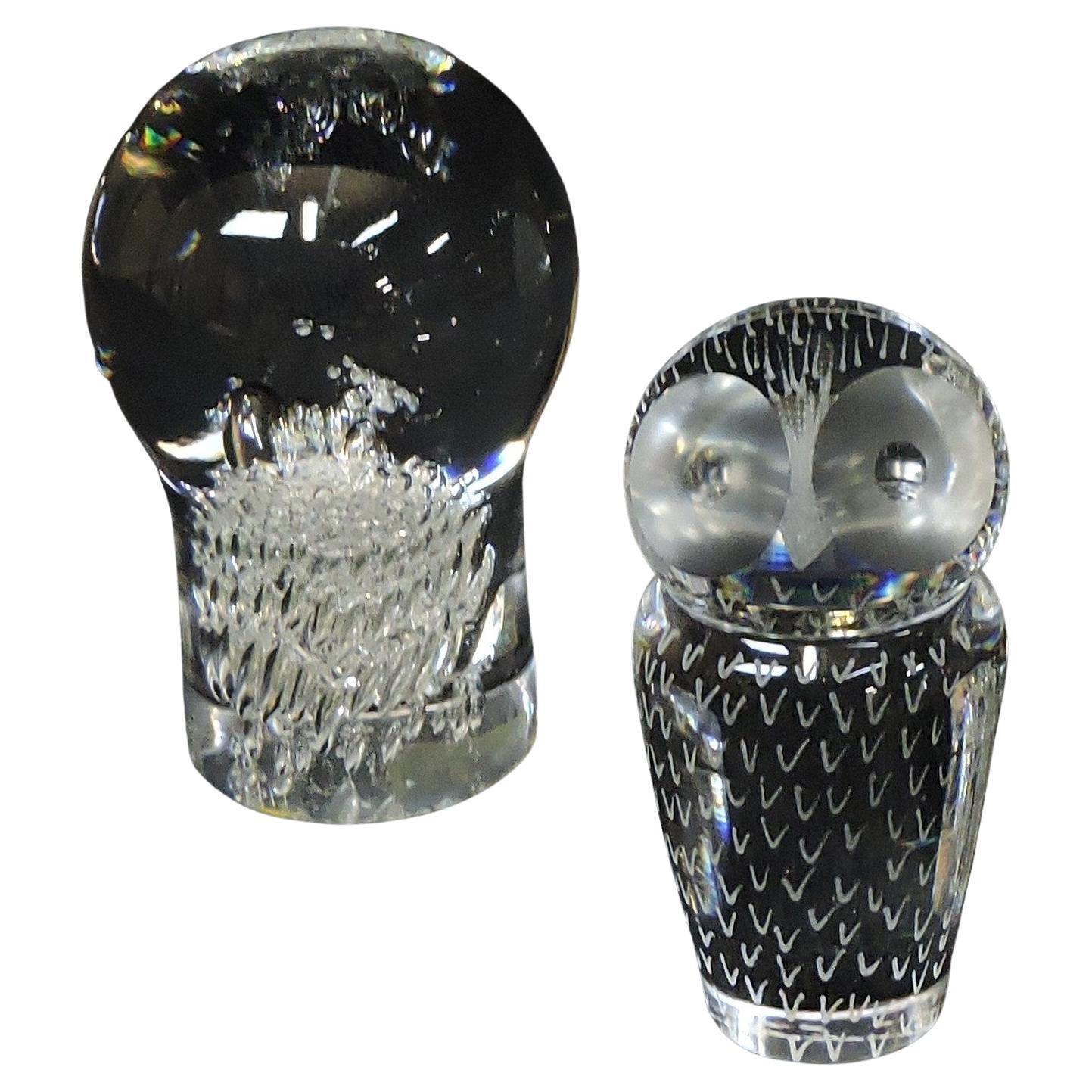 Set of Two Kosta Boda Crystal Paperweights Mushroom & Owl by Lindstrand, Warff For Sale