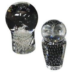 Set of Two Kosta Boda Crystal Paperweights Mushroom & Owl by Lindstrand, Warff