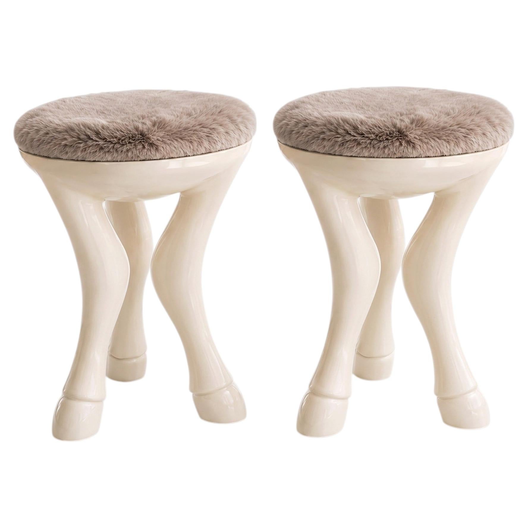 Set Of Two Lacquered Plaster Stools with Faux Fur Upholstery