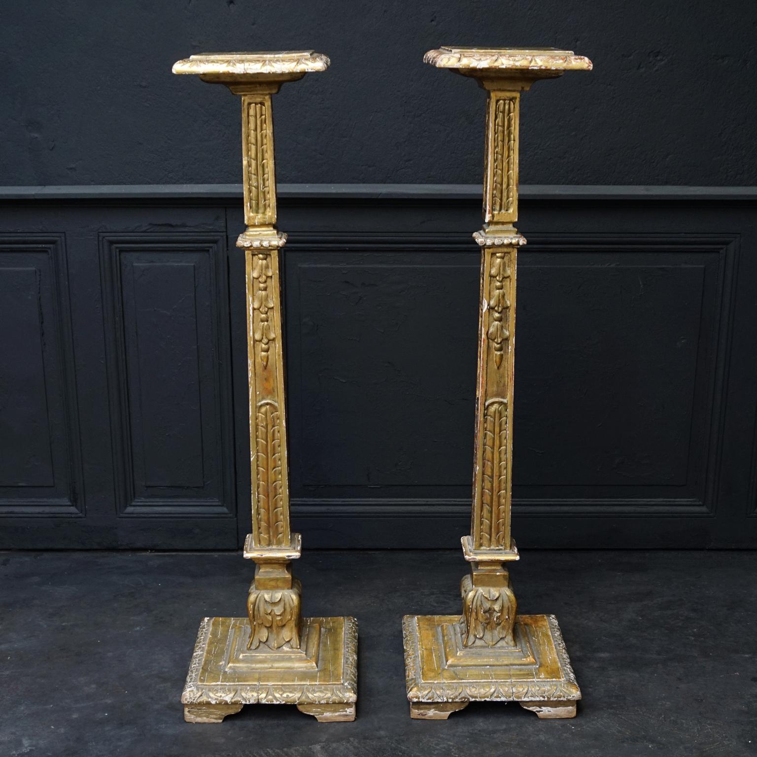 Beautifully distressed carved and gilded pedestals, worn with age which gives them great patina.
The palette of this pedestals, torcheres or display stands is gold in lots of bright gold layers, greenish and a bit of dark red.

This is truly a