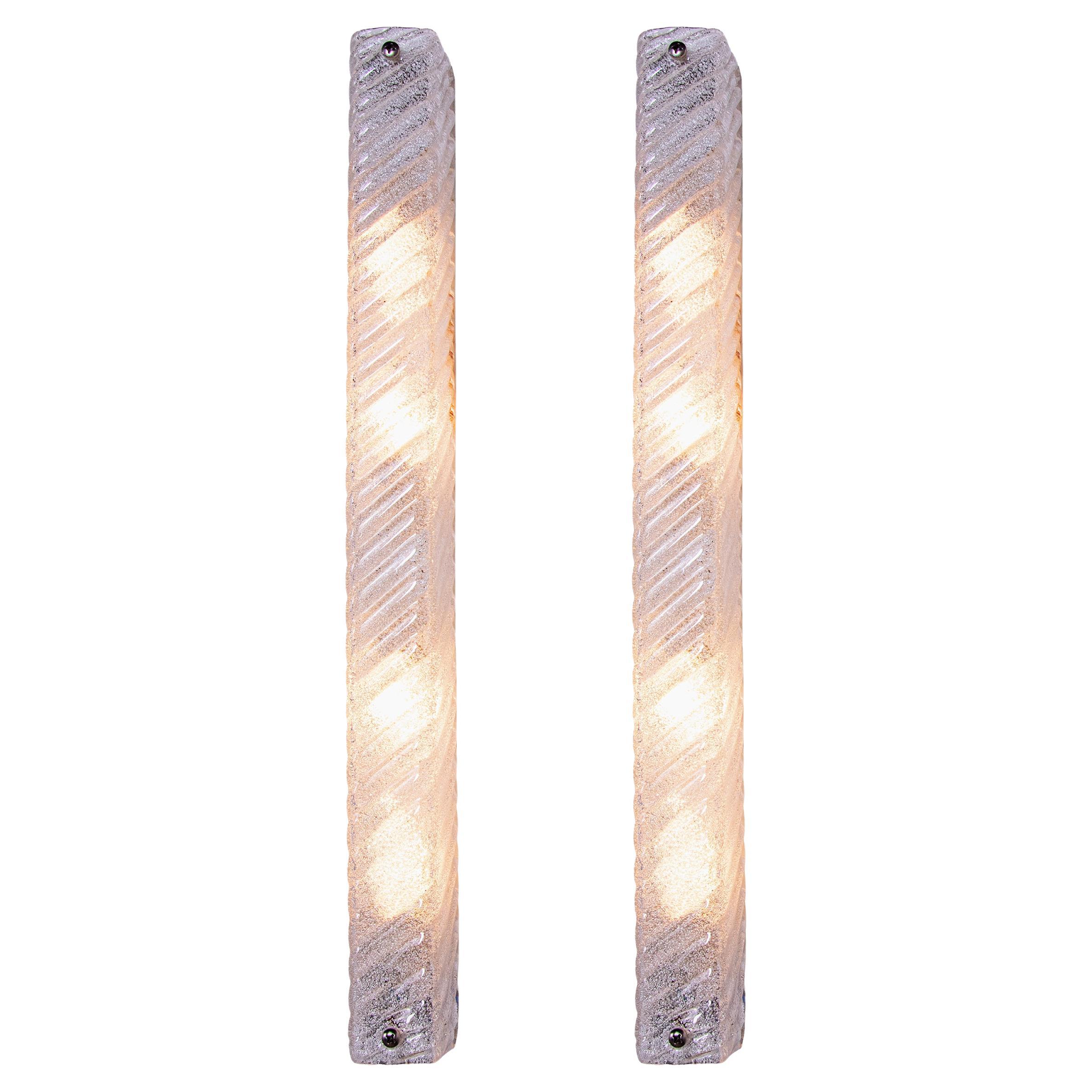Set of Two Large 25" Frosted Murano Glass Wall Sconces by Eglo Austria 1960s For Sale