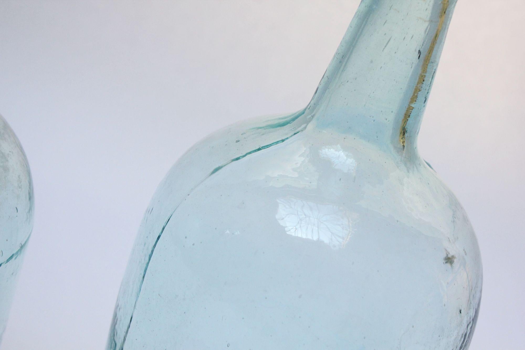 Set of Two Large Antique Molded and Hand-Finished Aqua Glass Spirits Bottles For Sale 6