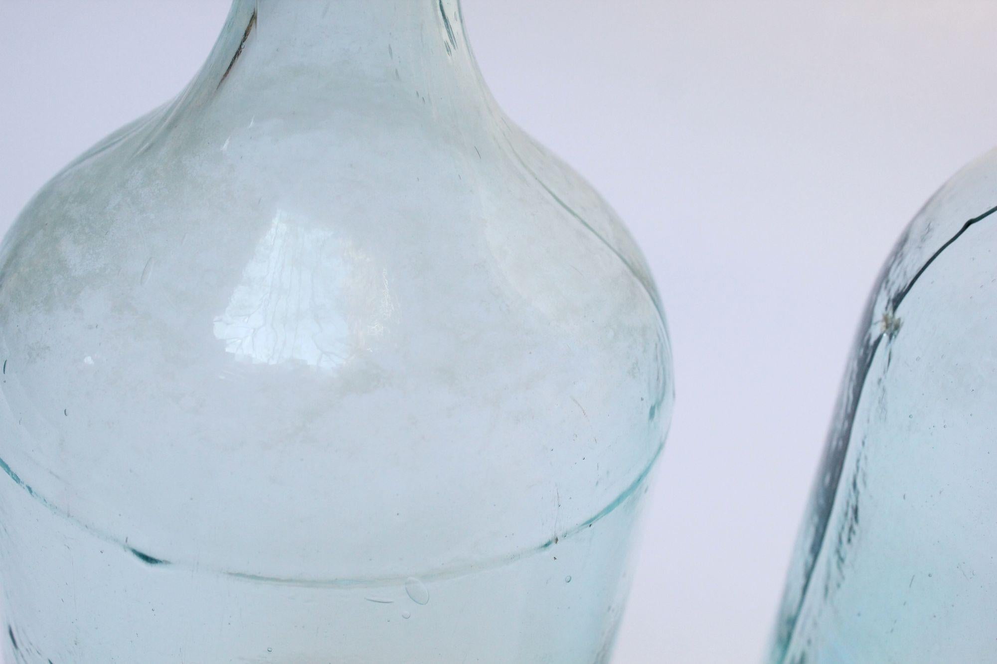 Set of Two Large Antique Molded and Hand-Finished Aqua Glass Spirits Bottles For Sale 8