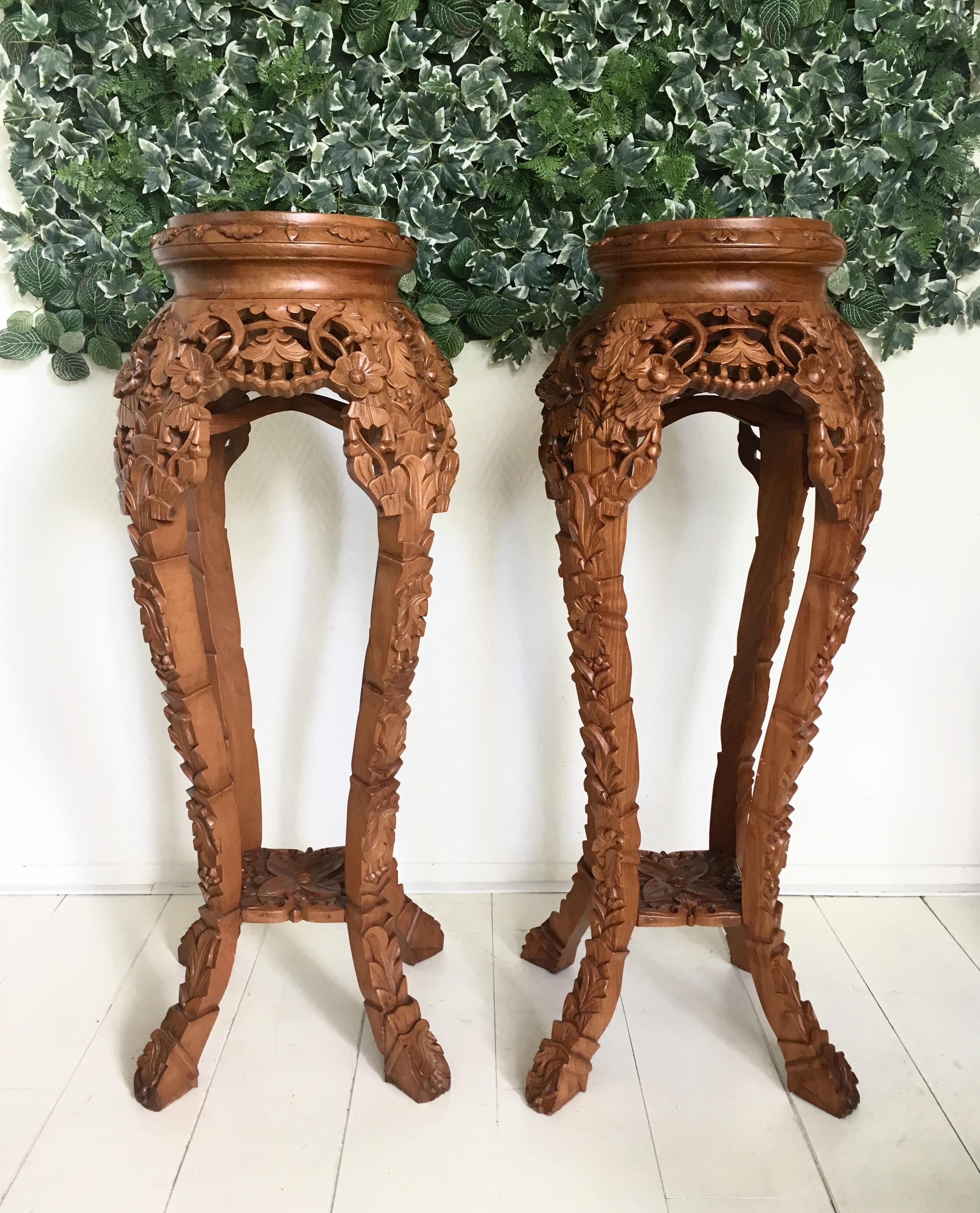 Set of Two Large Brown Hand Carved Plant Standards, Pedestals For Sale 3