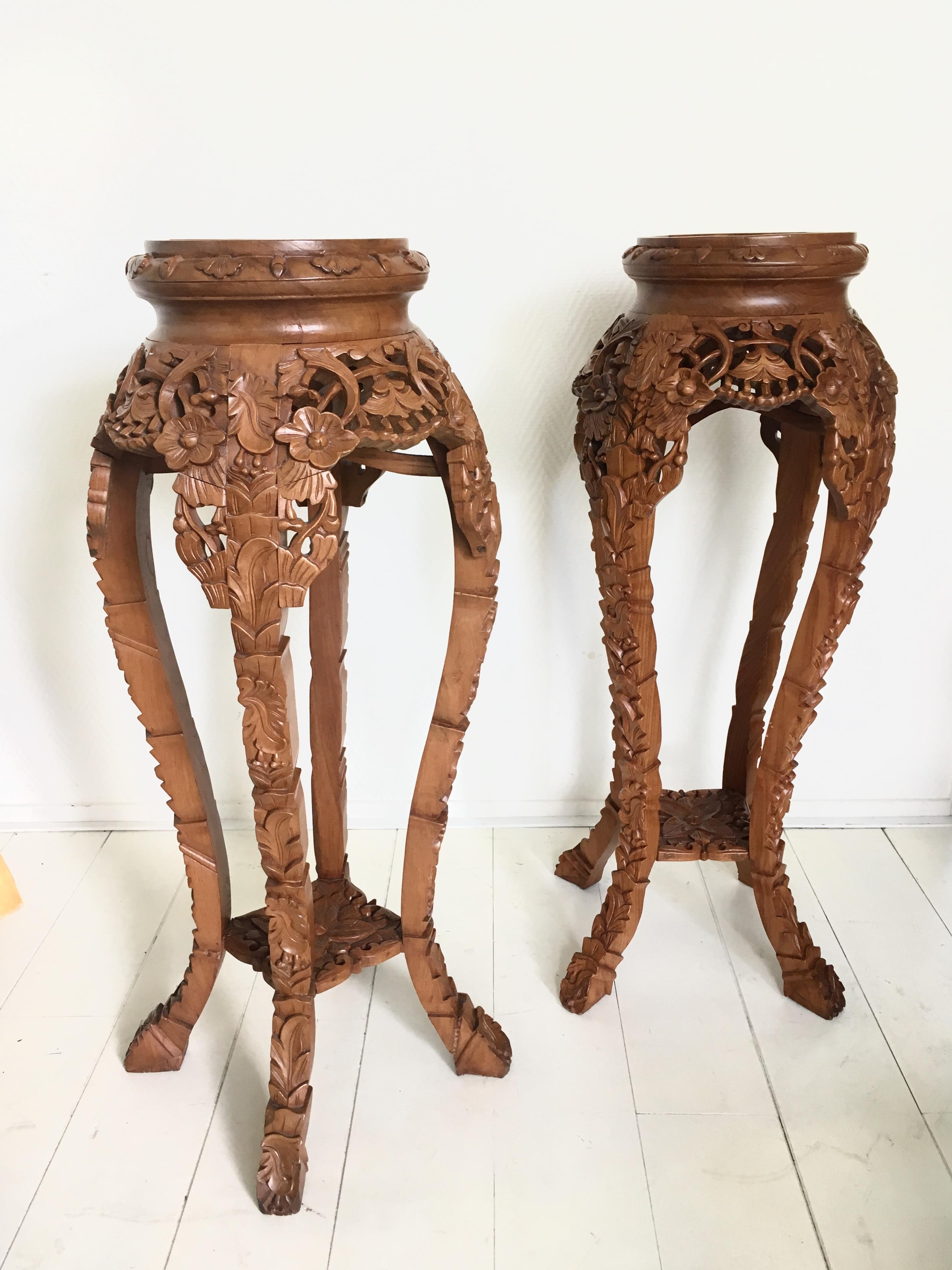 These wonderful Asian pieces were hand carved from fruitwood by an unknown artist. They remain in very nice condition and only show minimal signs of age and use. They feature beautiful floral details and would fit perfectly in a Bohemian home. 