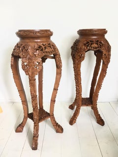 Set of Two Large Brown Hand Carved Plant Standards, Pedestals