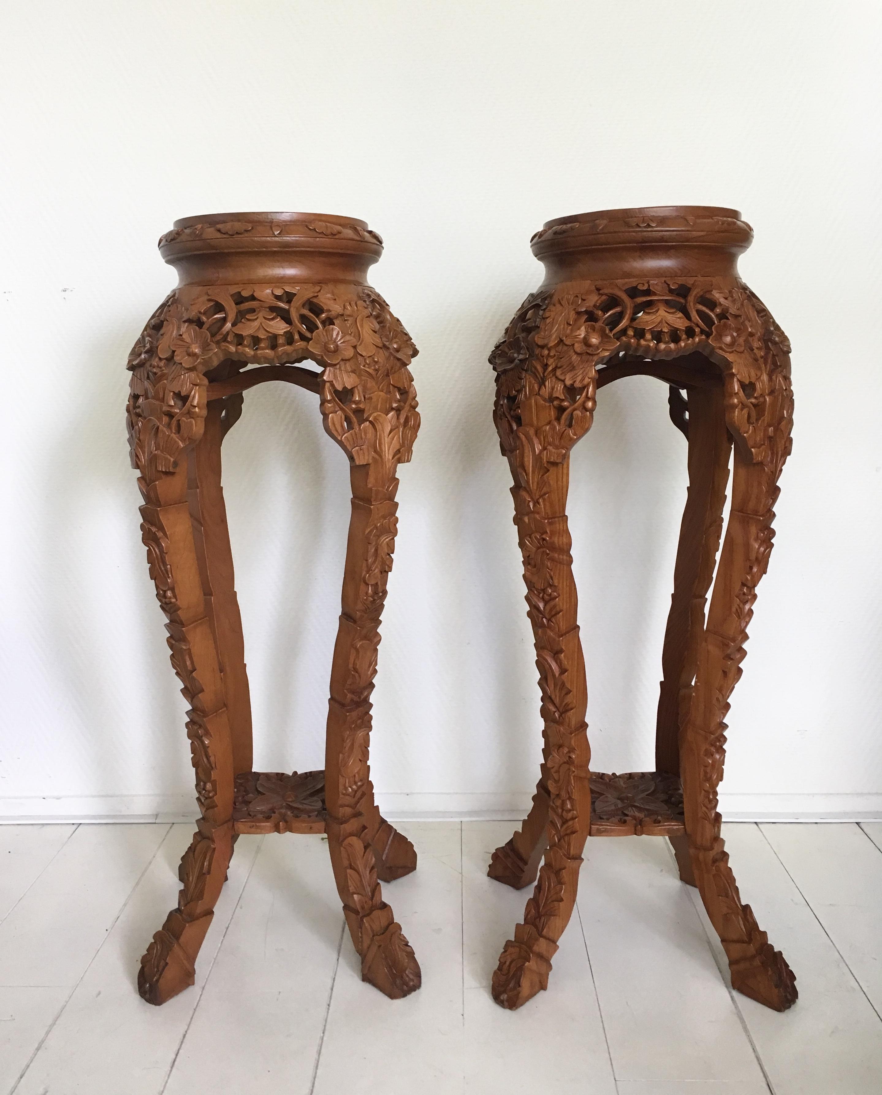 Bohemian Set of Two Large Brown Hand Carved Plant Standards, Pedestals For Sale