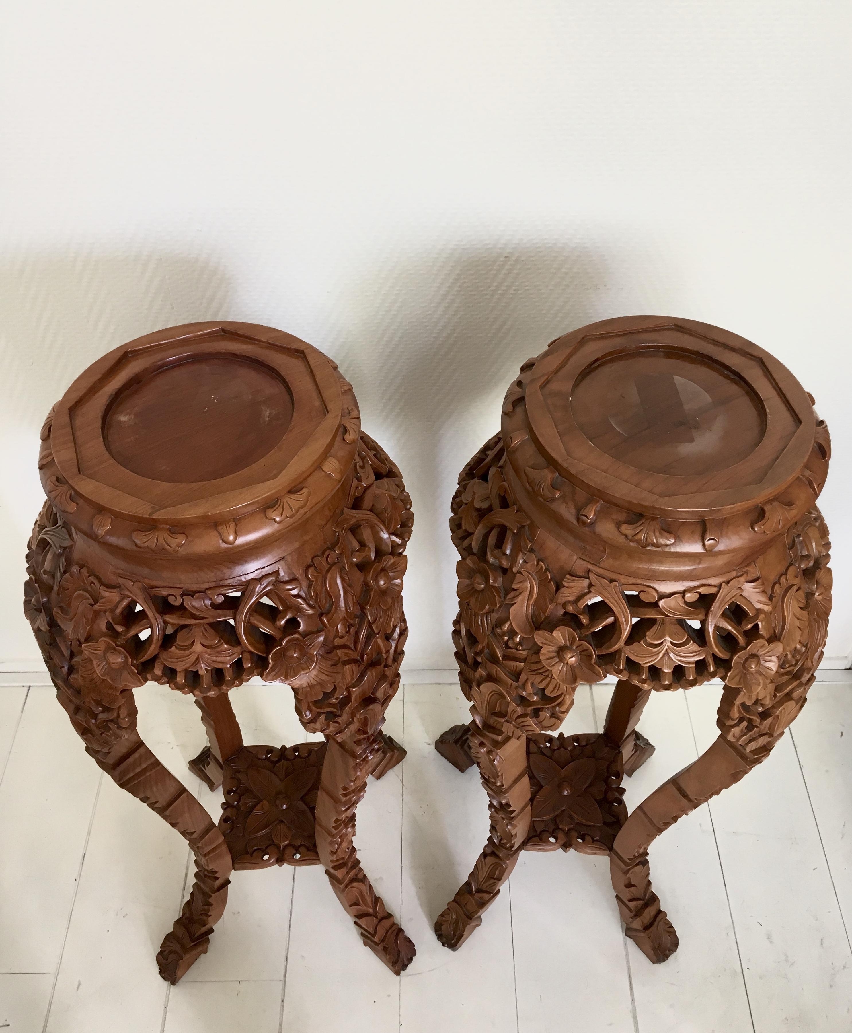 Set of Two Large Brown Hand Carved Plant Standards, Pedestals For Sale 1