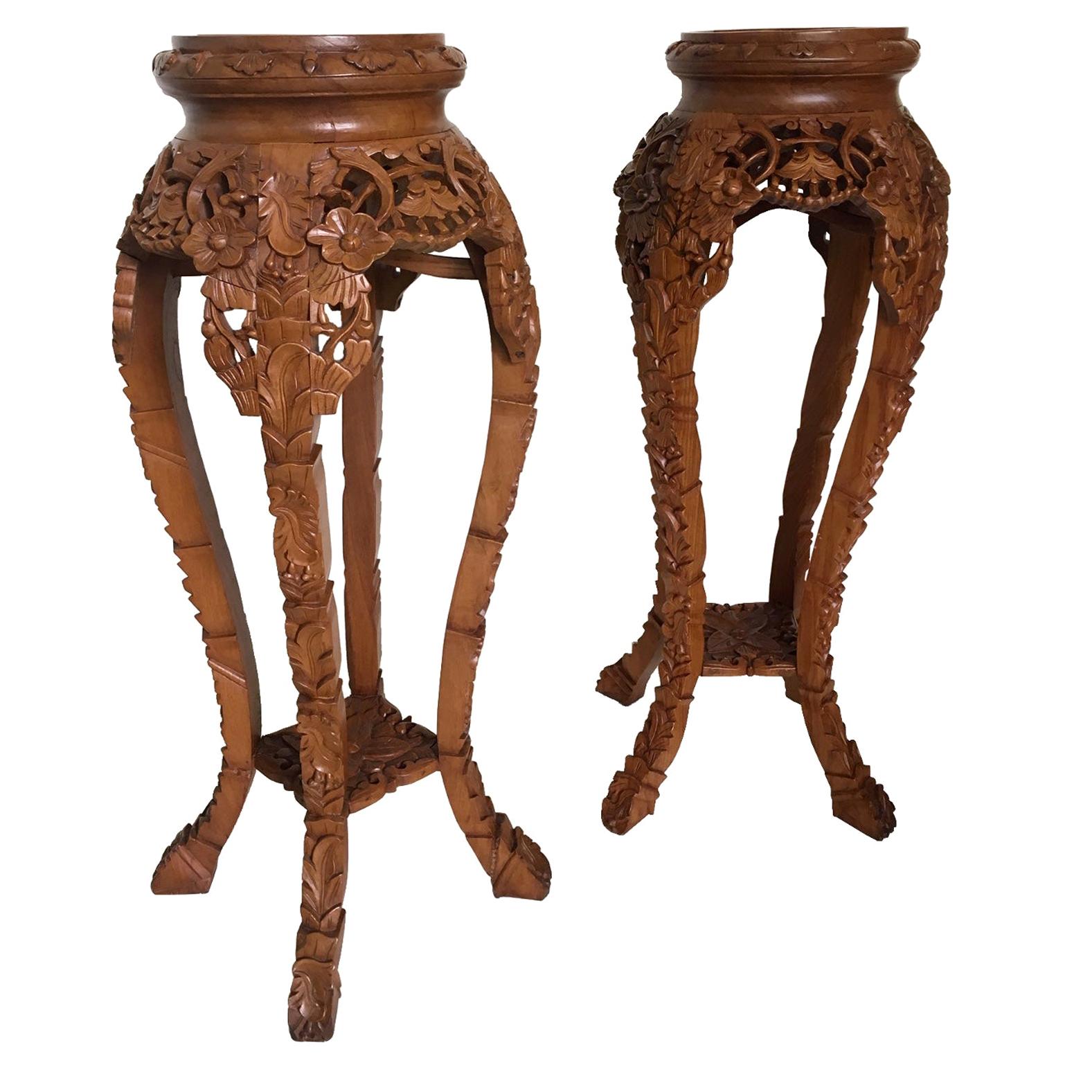 Set of Two Large Brown Hand Carved Plant Standards, Pedestals