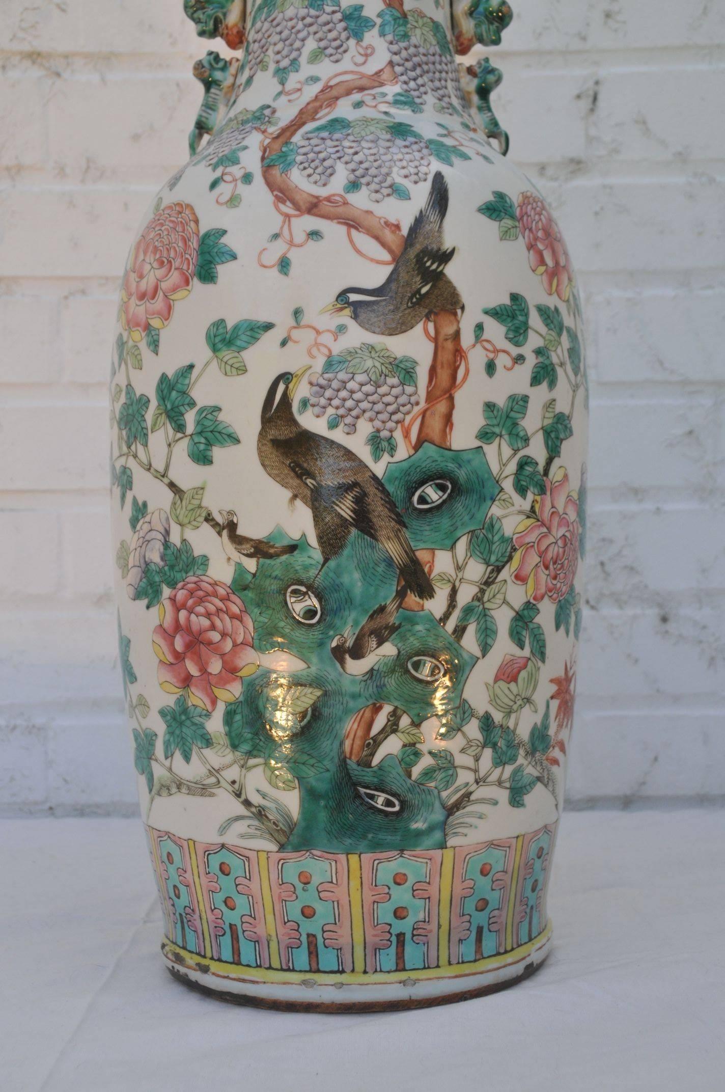 Set of Two Large Chinese Famille Rose Peacock Baluster Vases For Sale 1