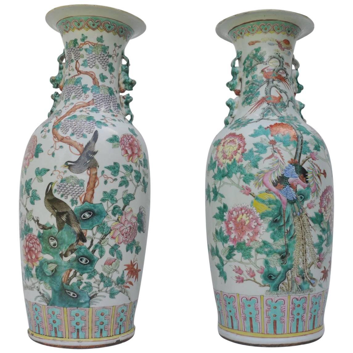 Set of Two Large Chinese Famille Rose Peacock Baluster Vases For Sale