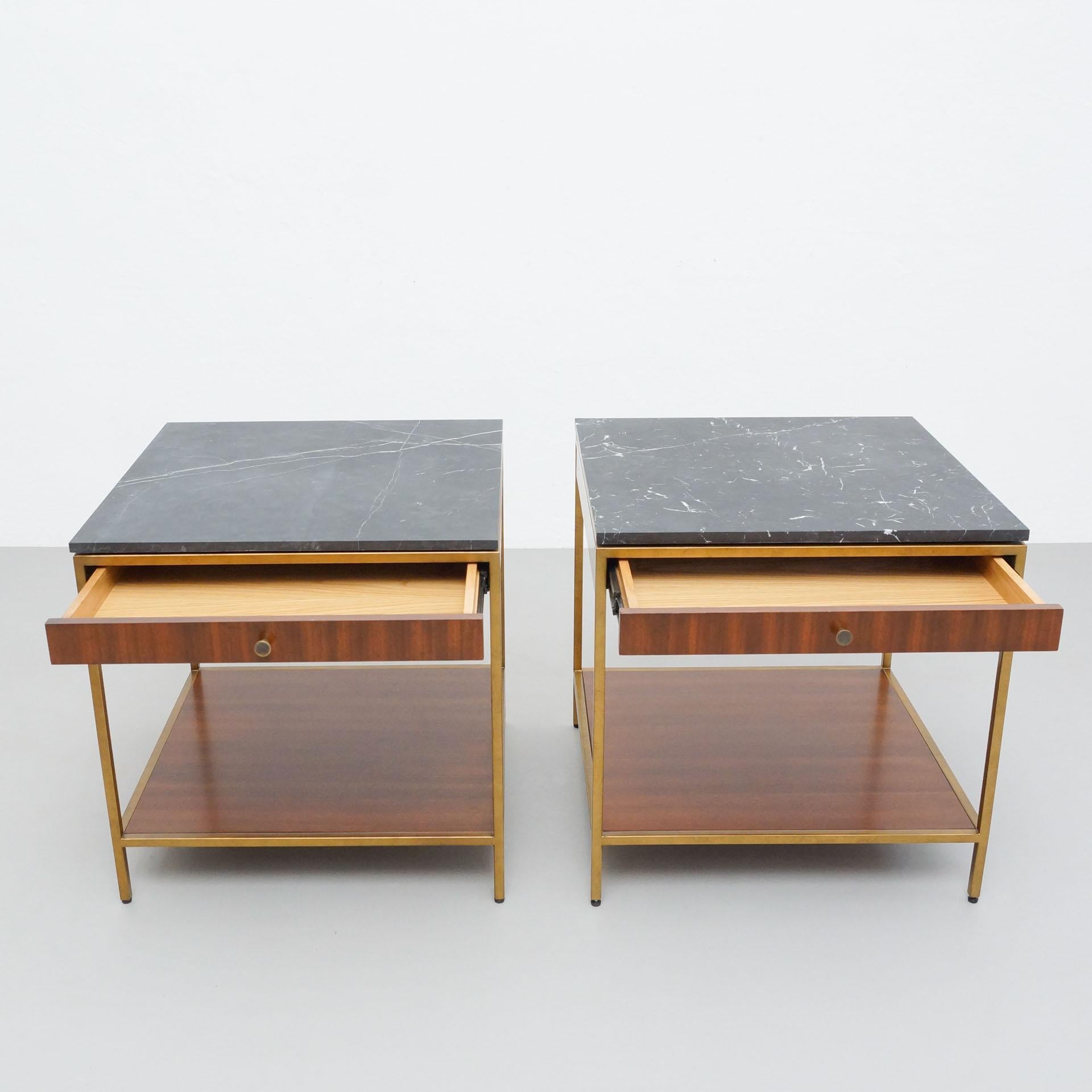 American Set of Two Large Contemporary Side Tables in Wood and Marble For Sale