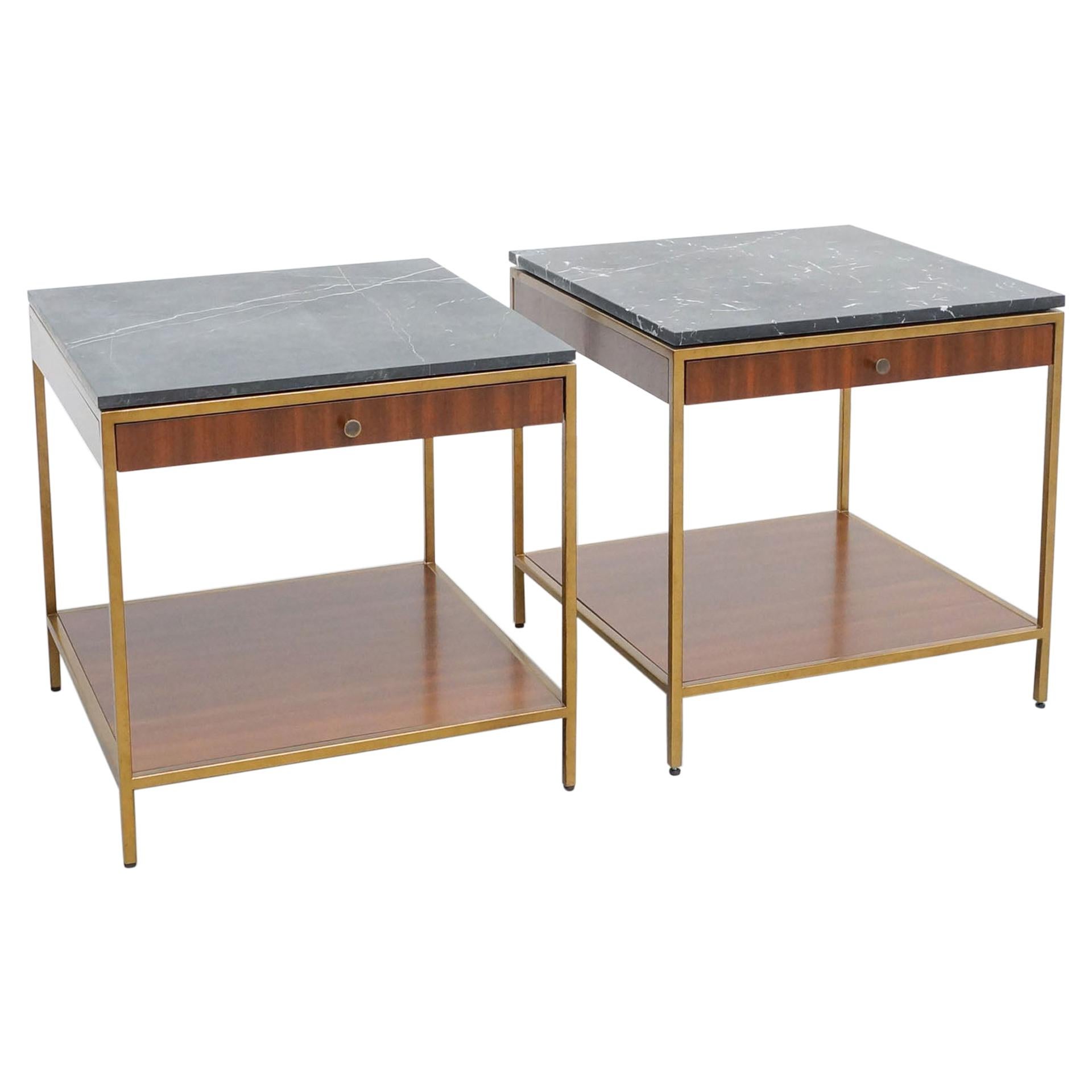 Ensemble de deux grandes tables d'appoint contemporaines en bois et marbre