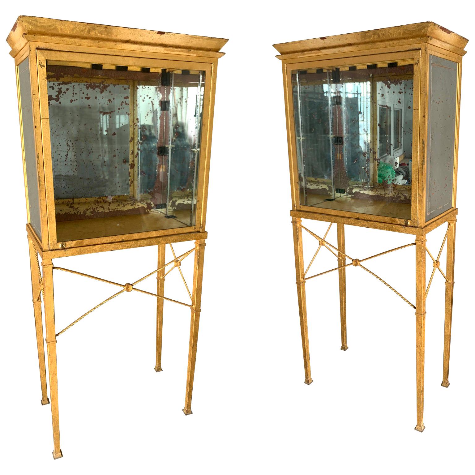 Set of Two Large Custom Made Gilded Metal and Mirror Glass Display Cabinets