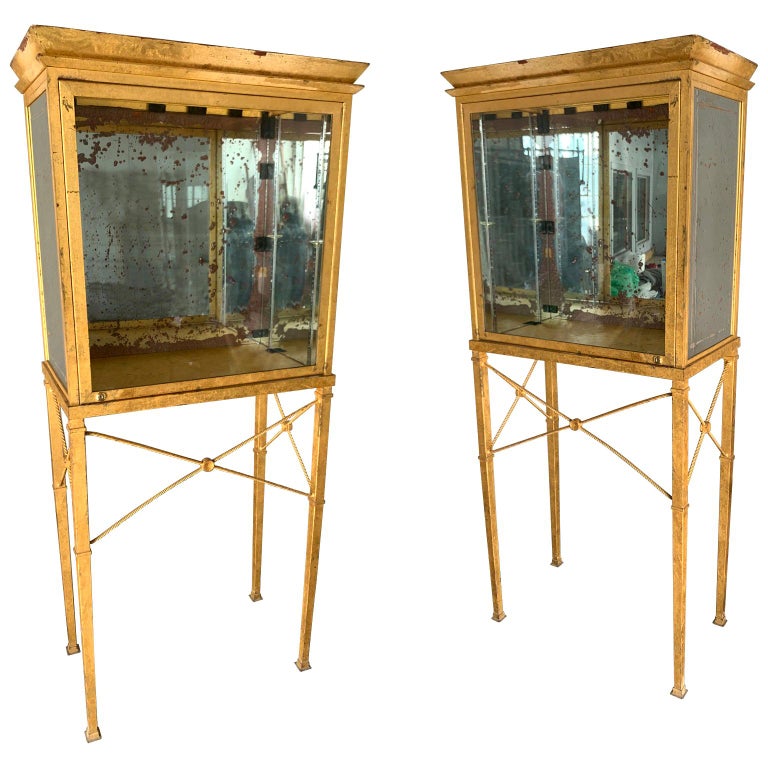 Set Of Two Large Custom Made Gilded Metal And Mirror Glass Display