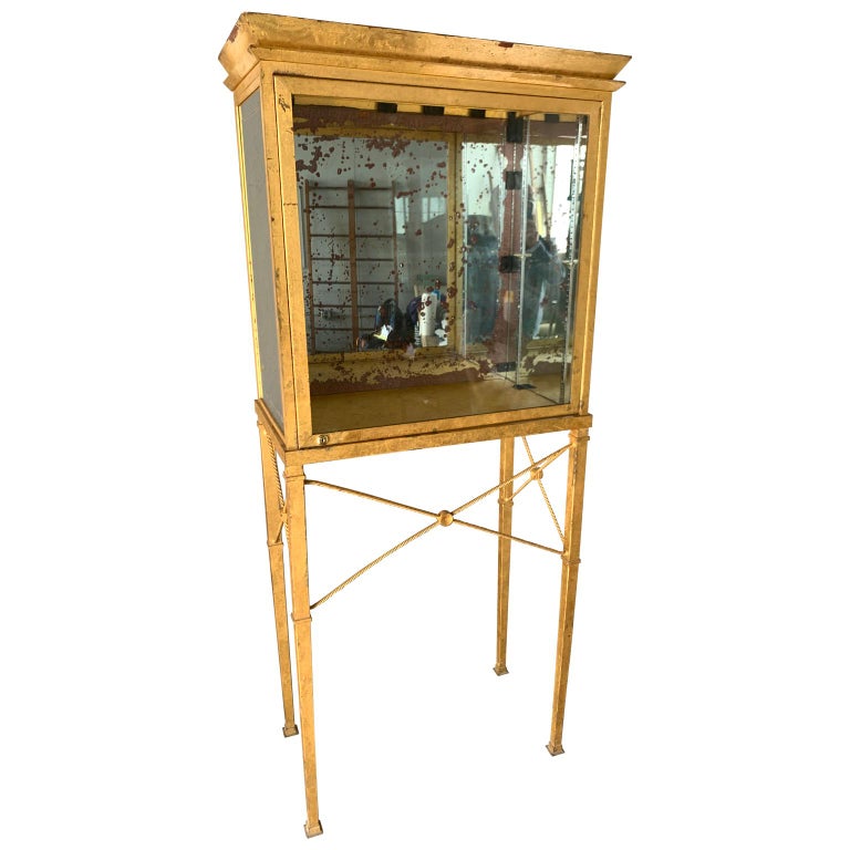 Set Of Two Large Custom Made Gilted Metal And Mirror Glass Display