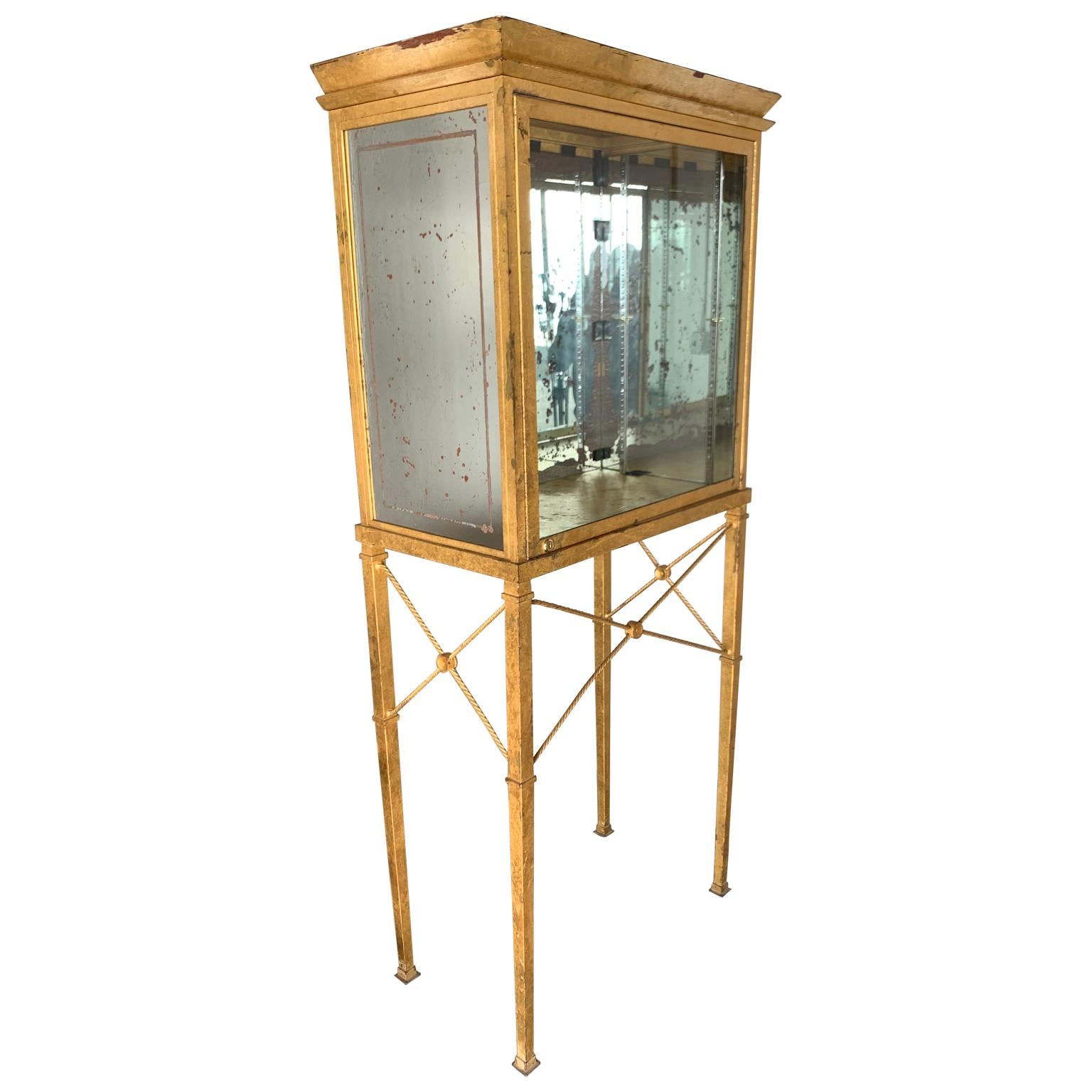 Set of Two Large Custom-Made Gilted Metal and Mirror Glass Display Cabinets (Hollywood Regency)