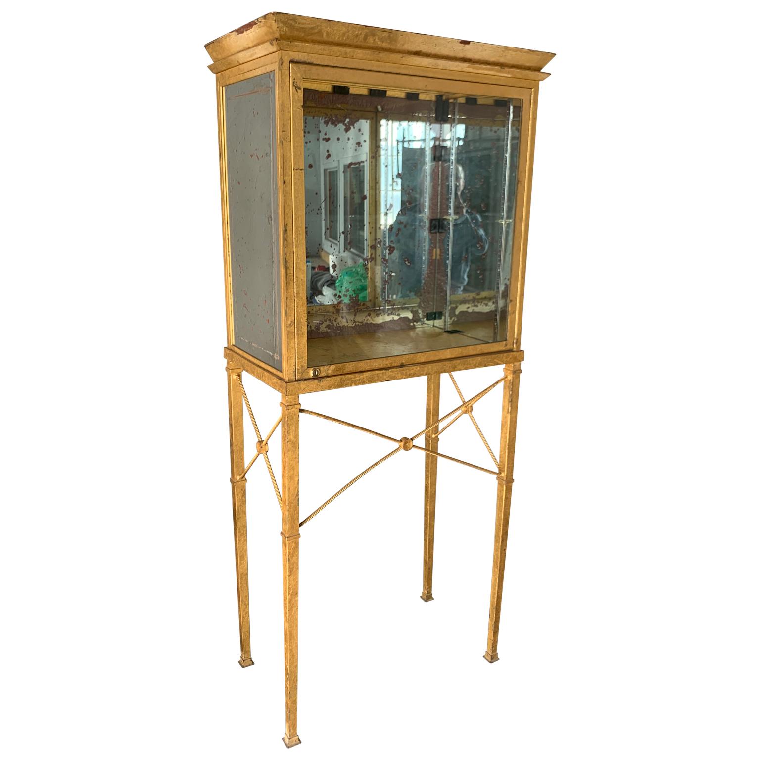 Set of Two Large Custom-Made Gilted Metal and Mirror Glass Display Cabinets In Good Condition In Haddonfield, NJ