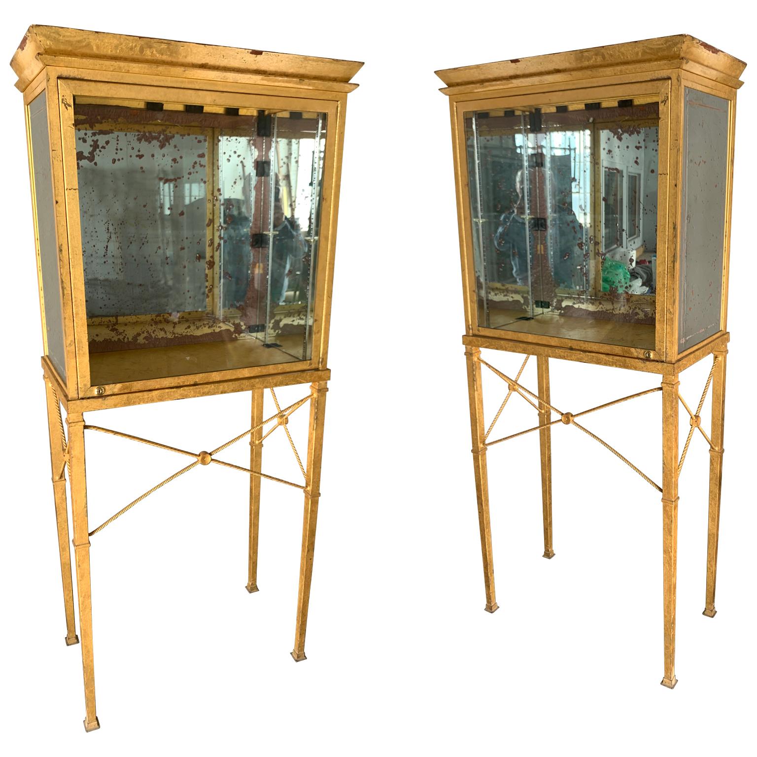 Set of Two Large Custom-Made Gilted Metal and Mirror Glass Display Cabinets