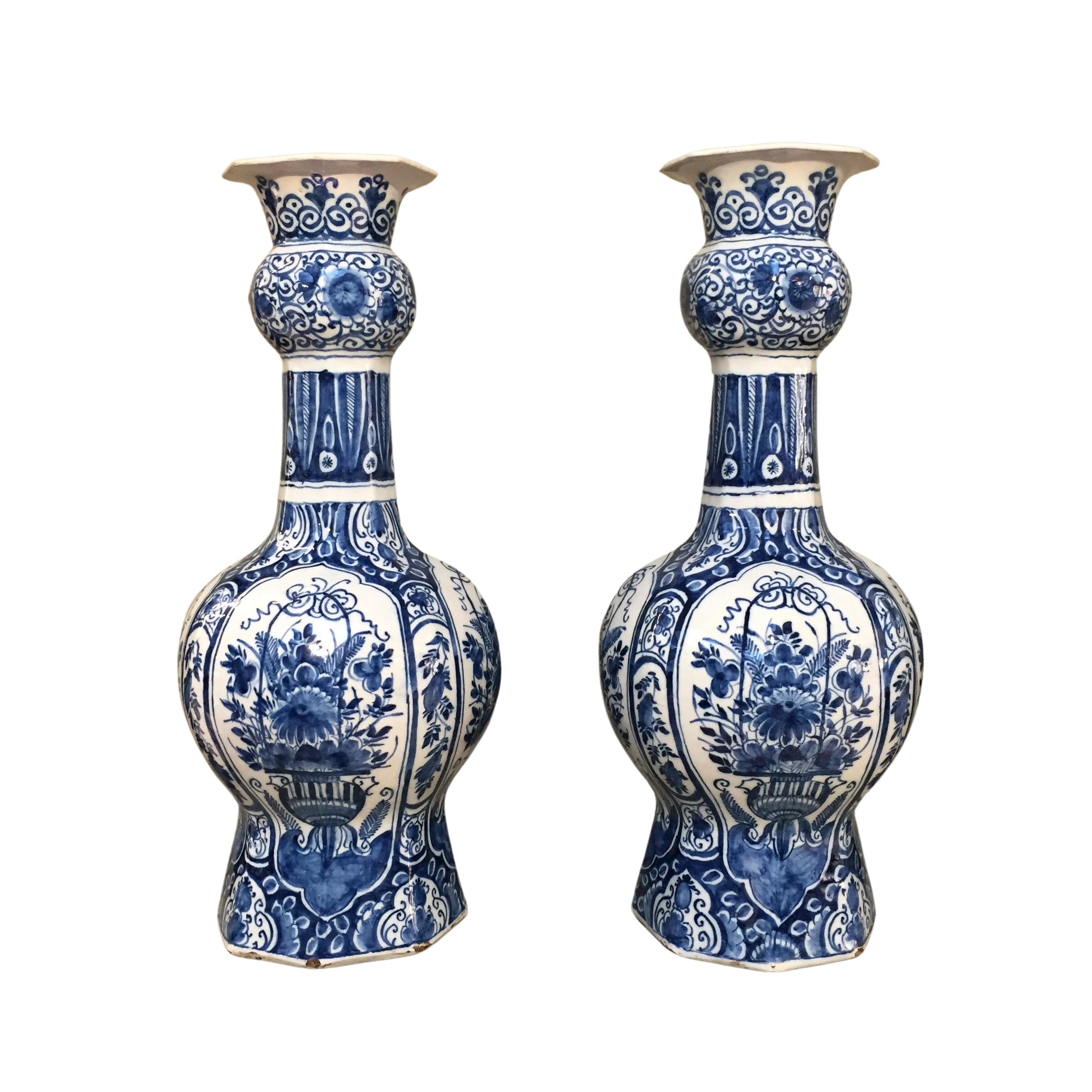 The Netherlands
Delft

Workshop: Unknown
Date: 1710 – 1730

Two Large Dutch Delft baluster vases with floral decoration of a flower basket. These vases are so-called knobbel vases, after the 'knob' at the top rim. The vases are beautiful and full