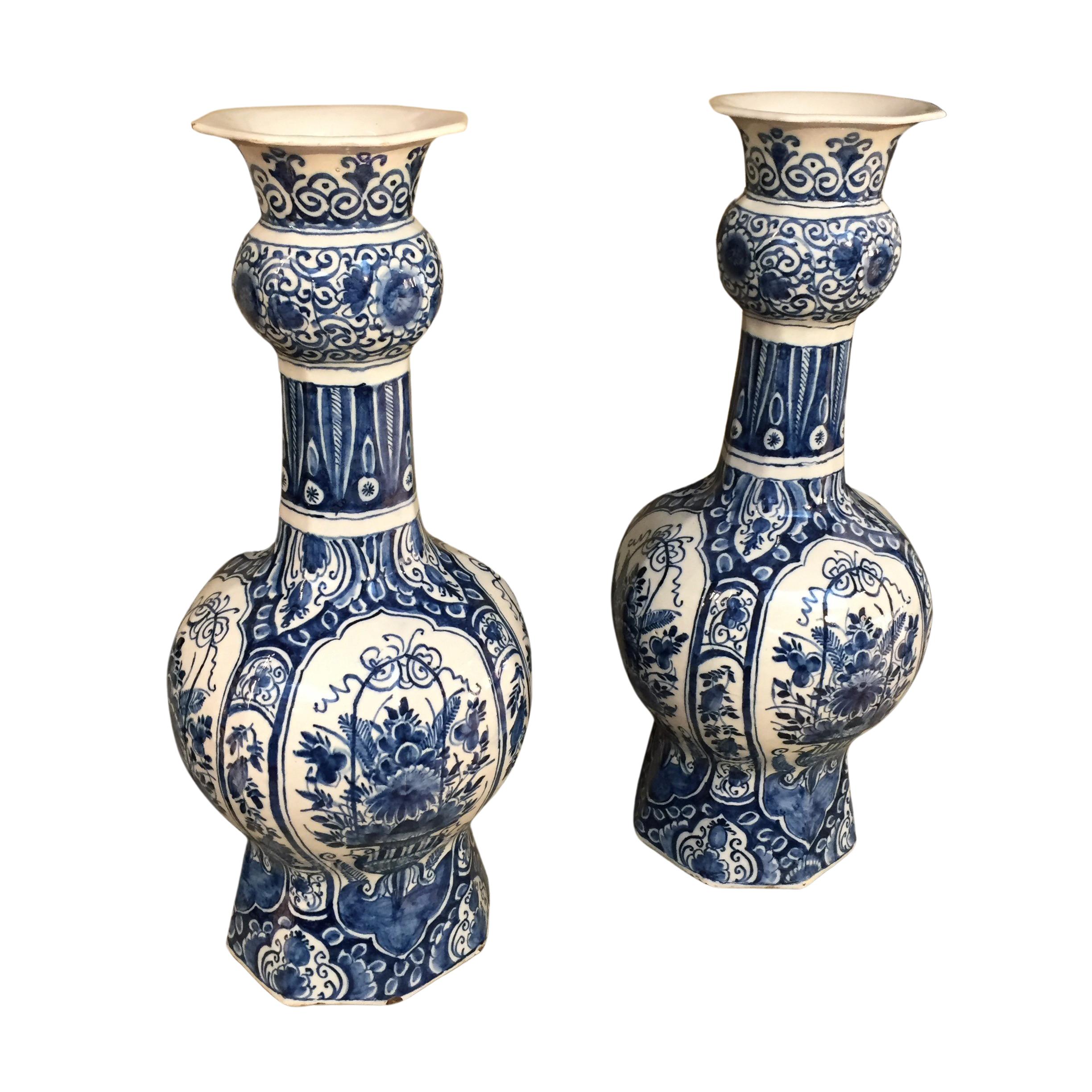 Glazed Set of Two Large Early 18th Century Dutch Delft Vases