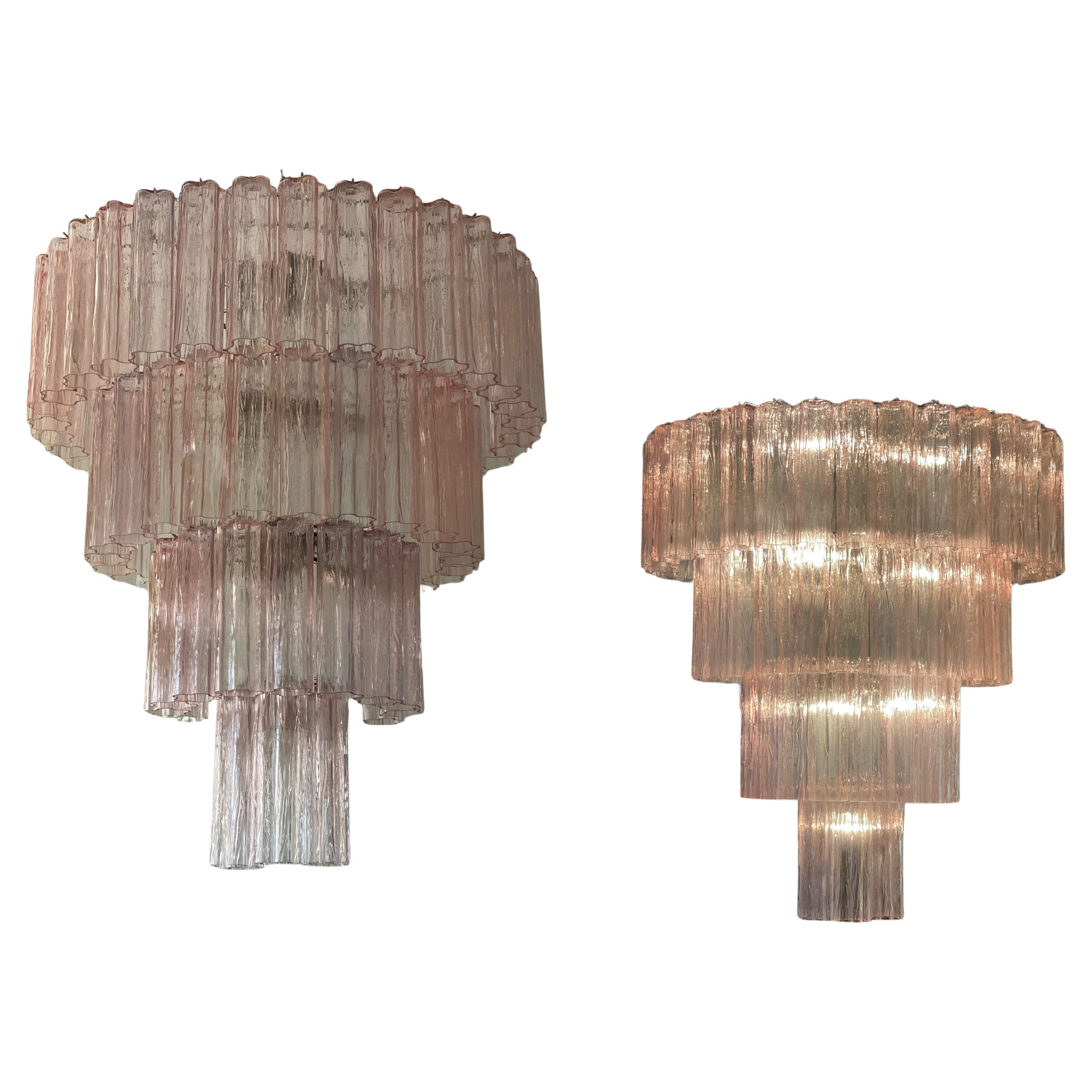 Set of two Large Eclectic Pink Murano Chandeliers Tronchi in Venini style For Sale