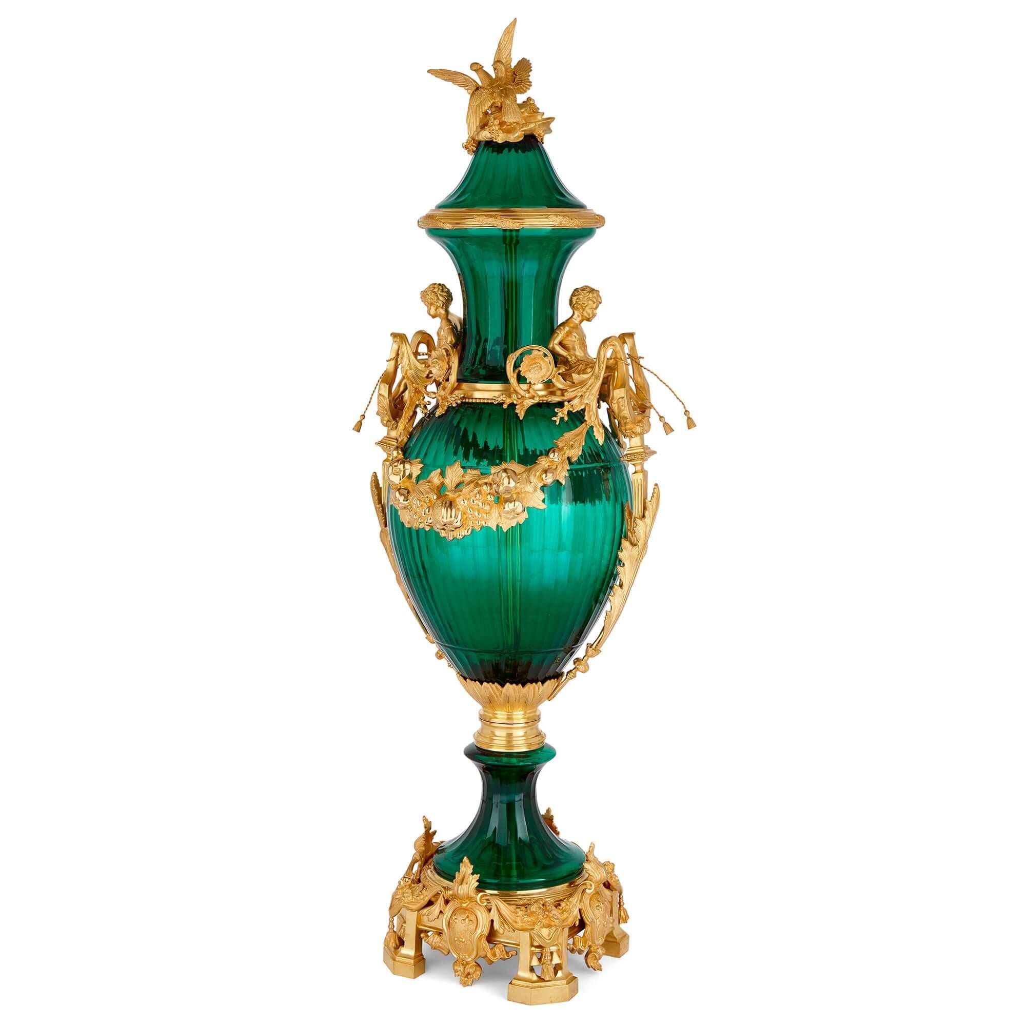 Neoclassical Set of Two Large Green Glass Gilt Bronze Mounted Vases For Sale