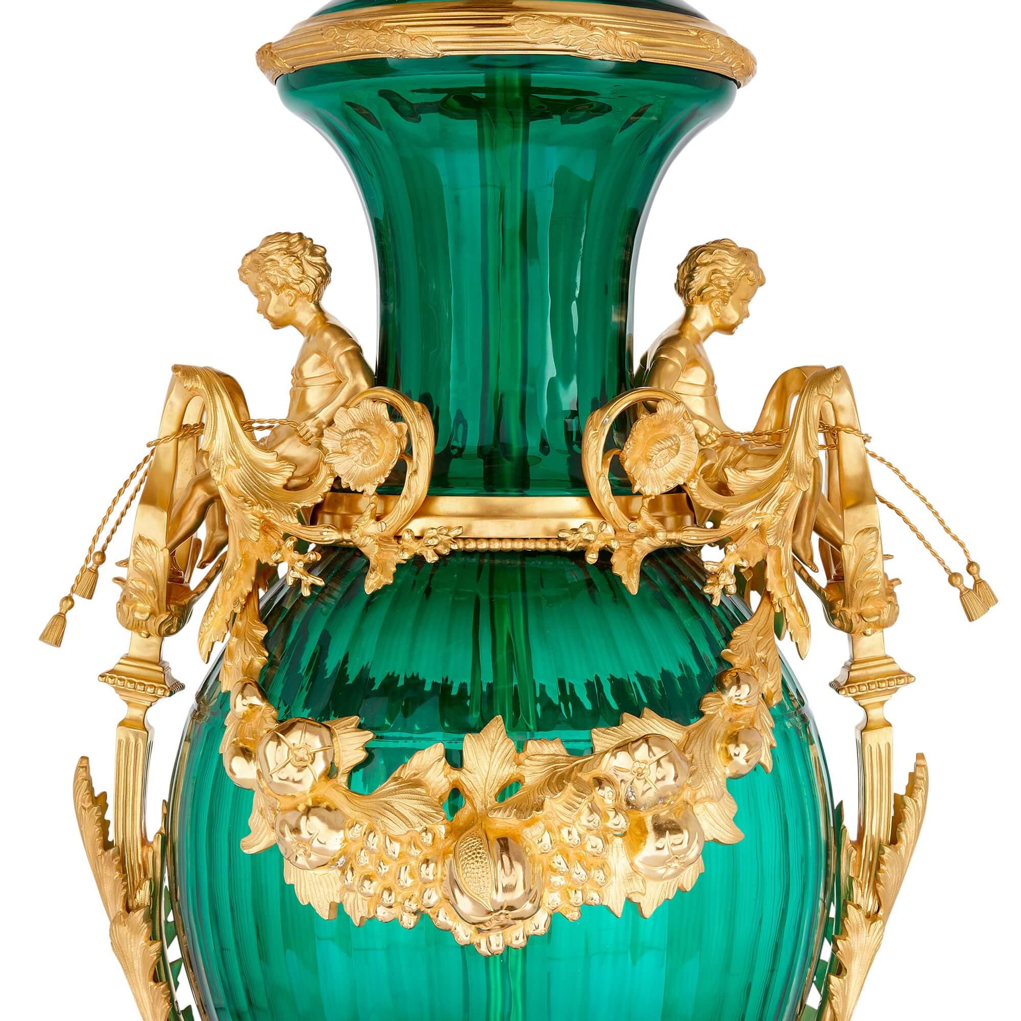 French Set of Two Large Green Glass Gilt Bronze Mounted Vases For Sale