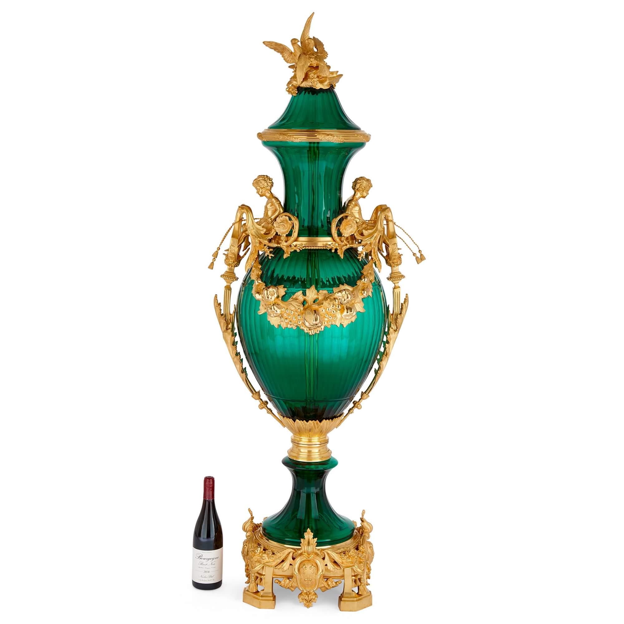 Set of Two Large Green Glass Gilt Bronze Mounted Vases For Sale 2