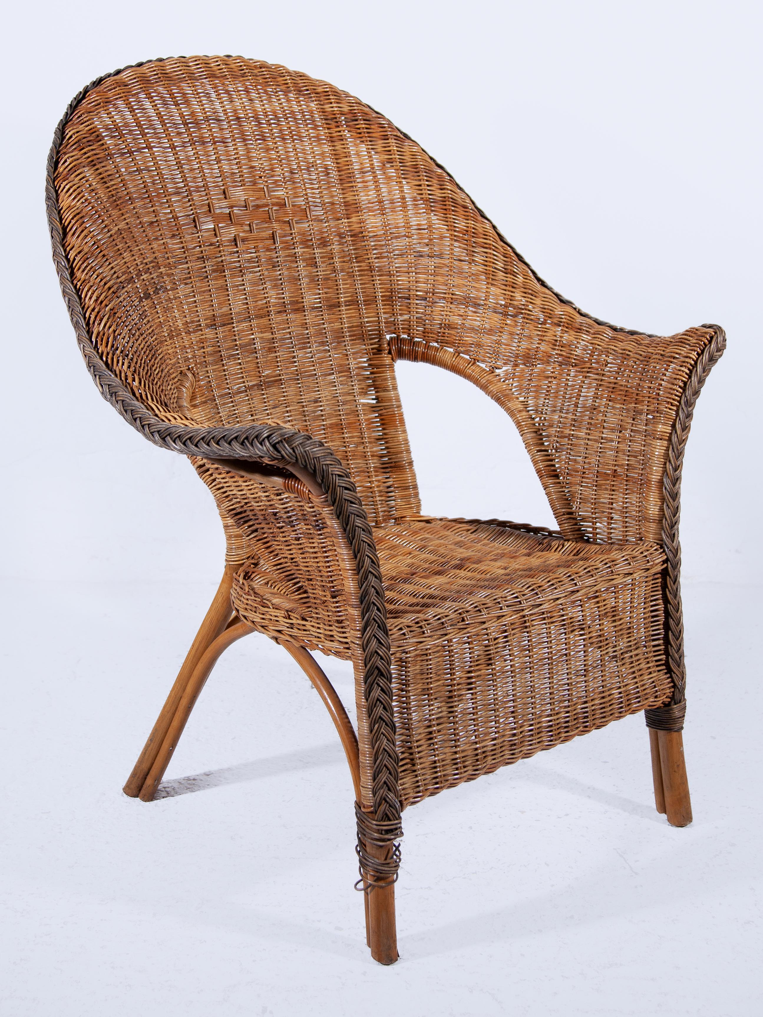 Bohemian Set of Two Large High Back Rattan Lounge Chairs For Sale