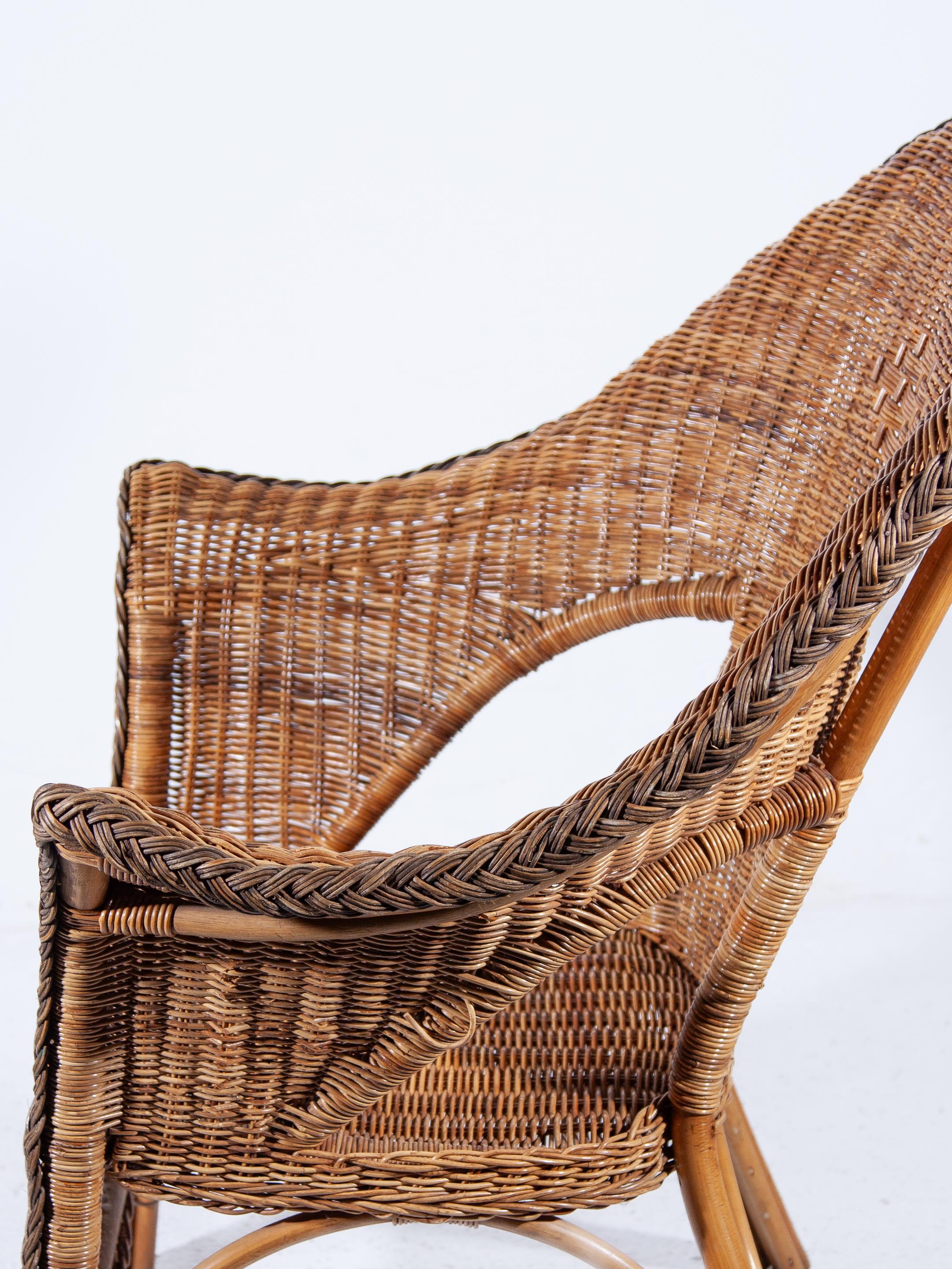 Bamboo Set of Two Large High Back Rattan Lounge Chairs For Sale