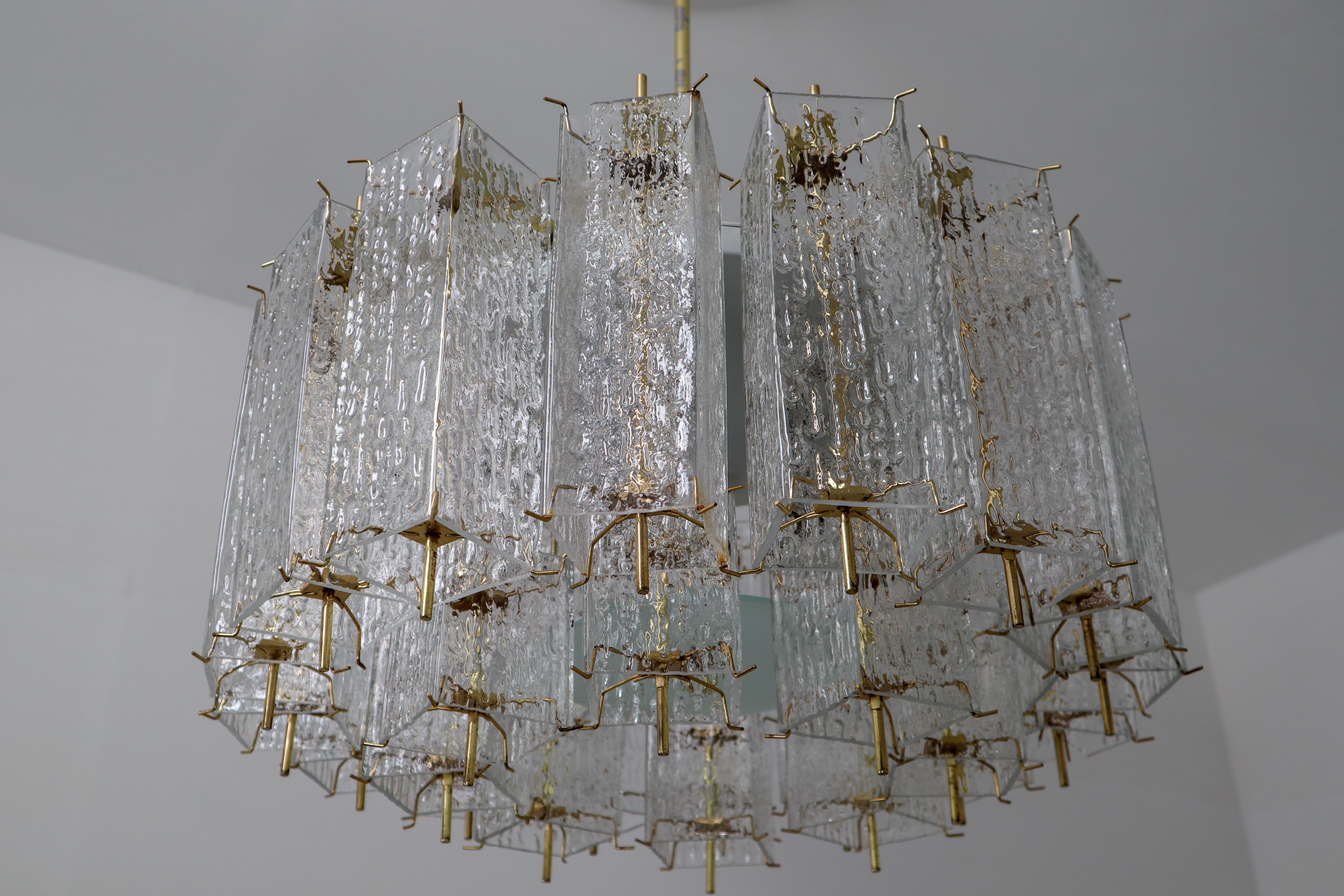 Set of Two Large Midcentury Chandeliers with Ice Glass Tubes in Brass Fixture 7