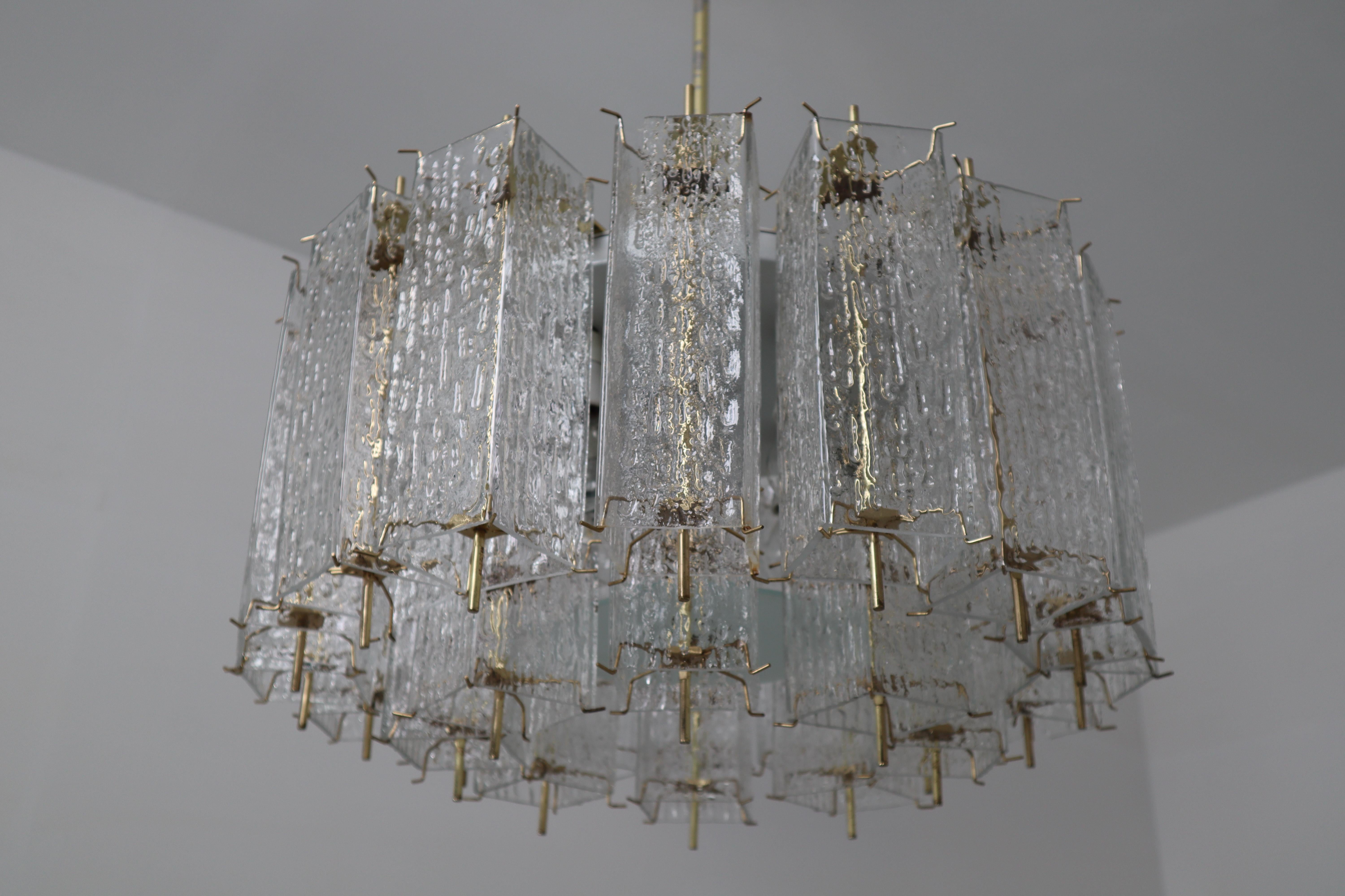 Mid-Century Modern Set of Two Large Midcentury Chandeliers with Ice Glass Tubes in Brass Fixture