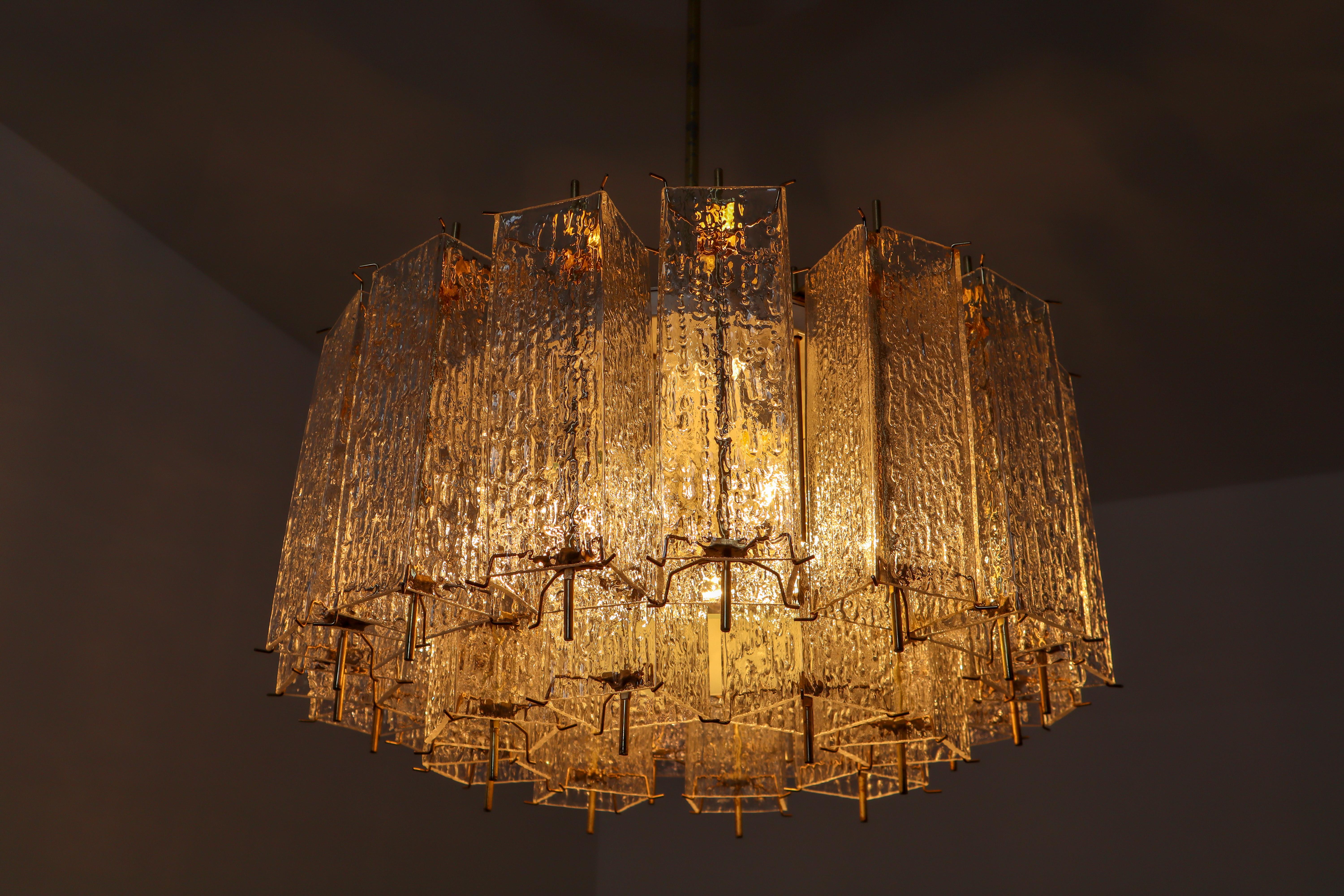 Set of Two Large Midcentury Chandeliers with Ice Glass Tubes in Brass Fixture In Good Condition In Almelo, NL