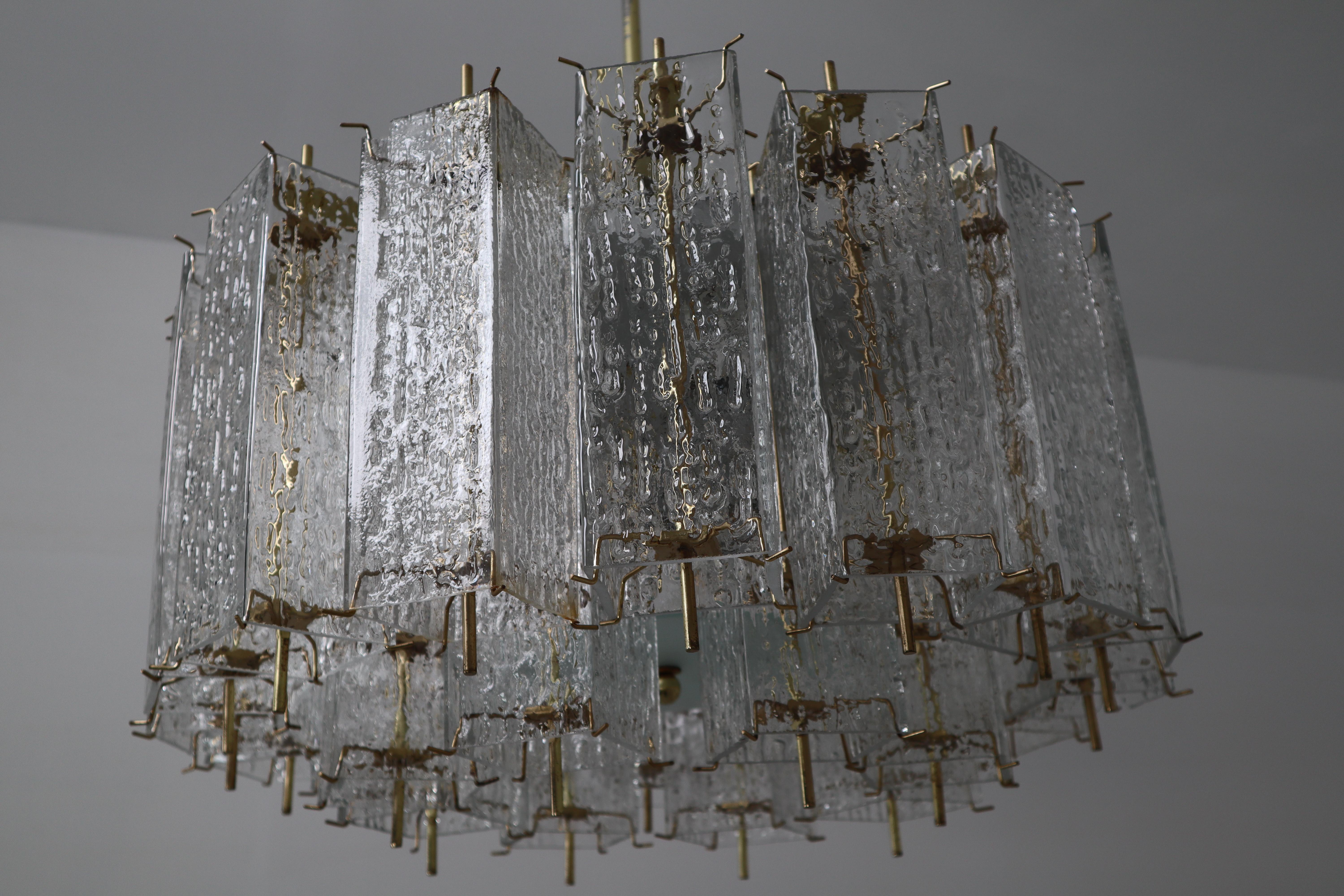 Set of Two Large Midcentury Chandeliers with Ice Glass Tubes in Brass Fixture 2