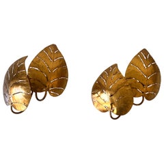 Set of Two Large Mid-Century Double Monstera Leaf Sconces by Hans Kögl 1970s