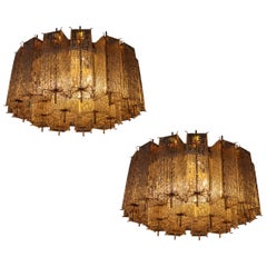 Set of Two Large Midcentury Chandeliers with Ice Glass Tubes in Brass Fixture