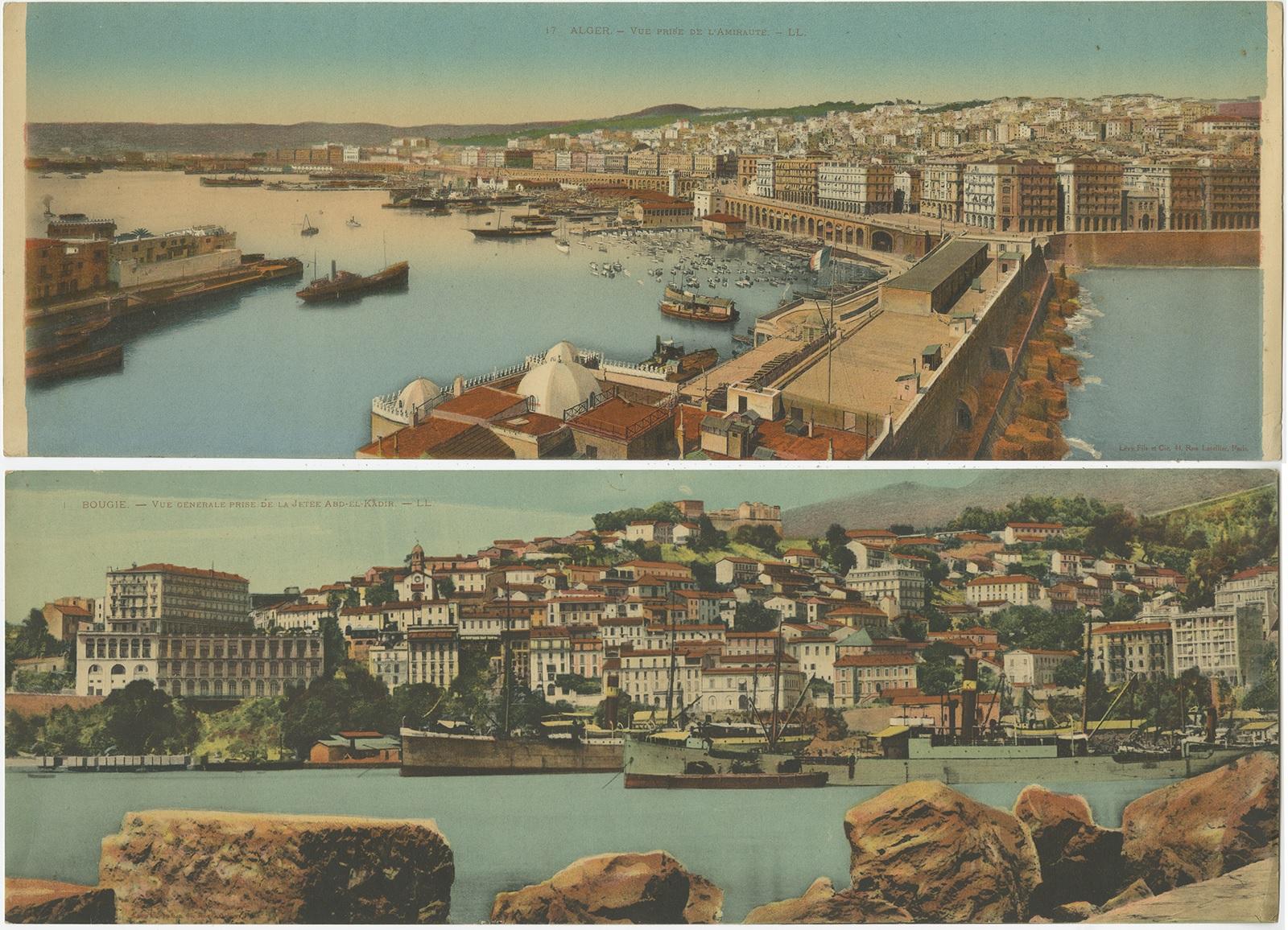 Set of two large panoramic postcards, circa 1920. It shows Béjaïa (former Bougie) and Algiers. Published by Lévy.