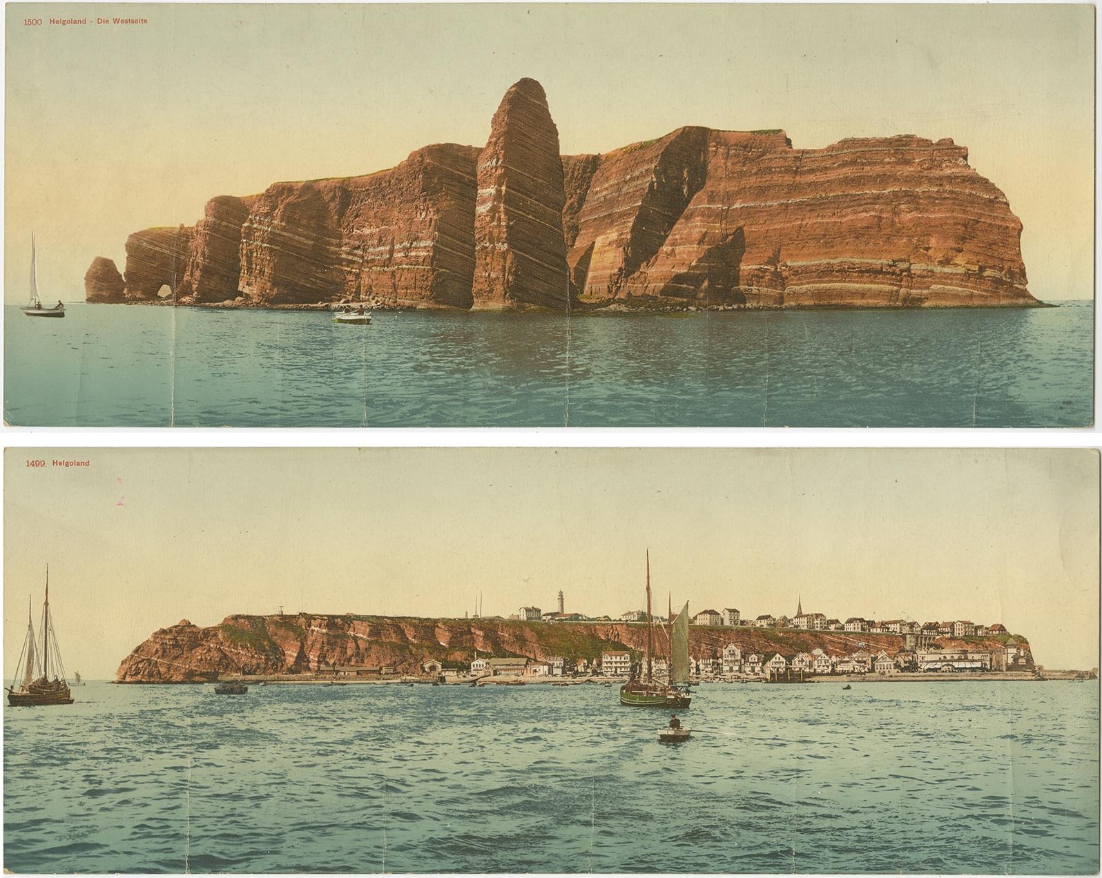 Set of two large panoramic postcards of Heligoland (Helgoland). Heligoland is a small archipelago in the North Sea. Published by F. Schensky.