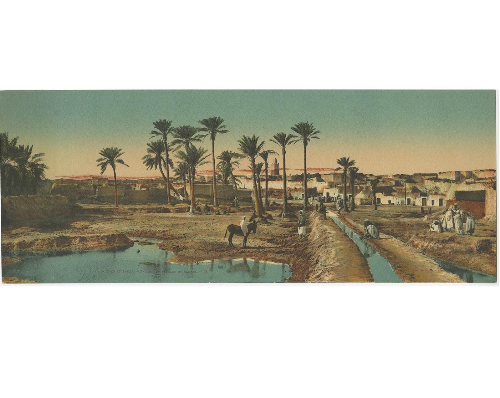 Satz von zwei großen Panoramapostkarten der Sahara. Es zeigt die Sanddünen der Sahara und ein Dorf. Beide erschienen bei Lévy, Paris.