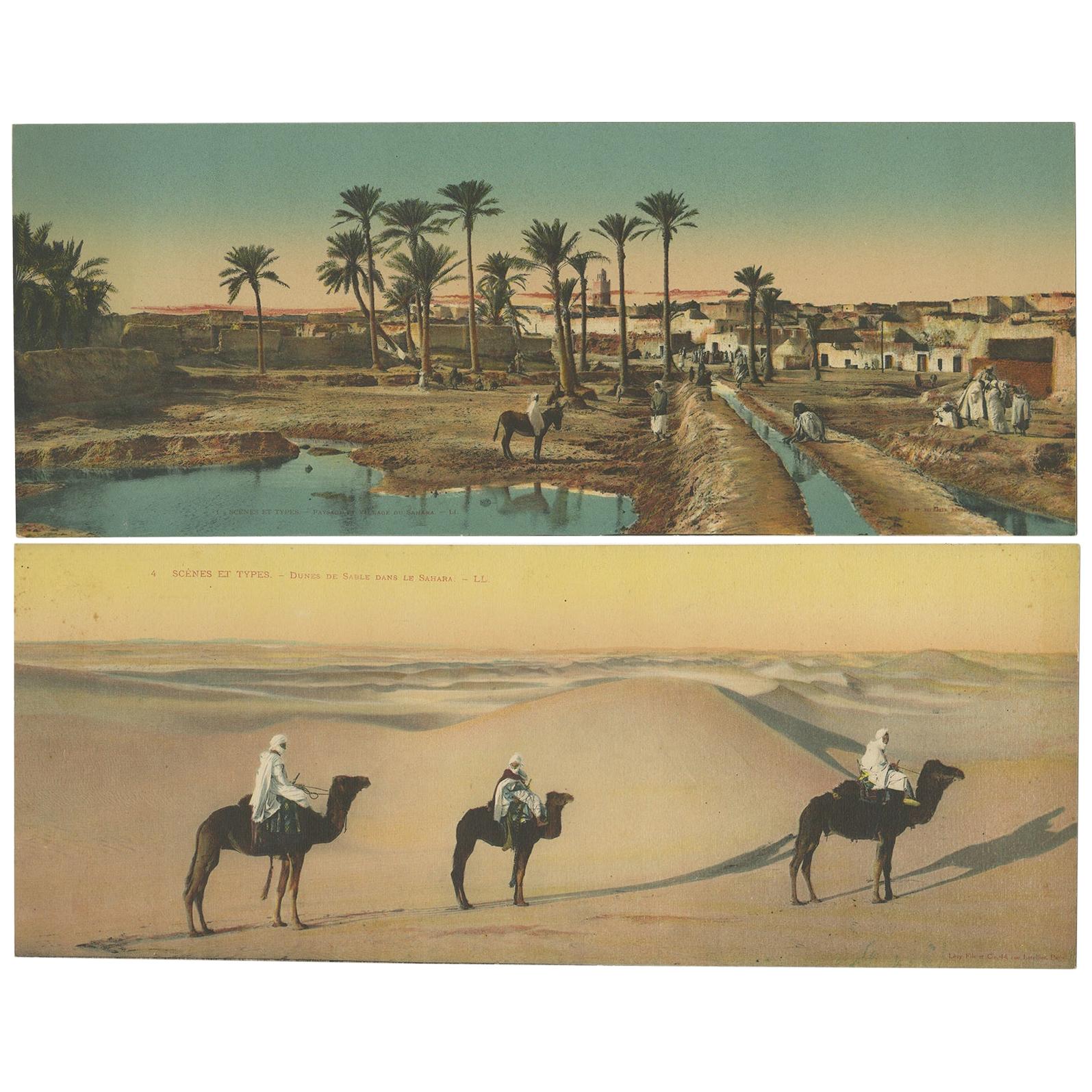 Set von zwei großen Panoramic-Vintage-Postkarten der Sahara, um 1920