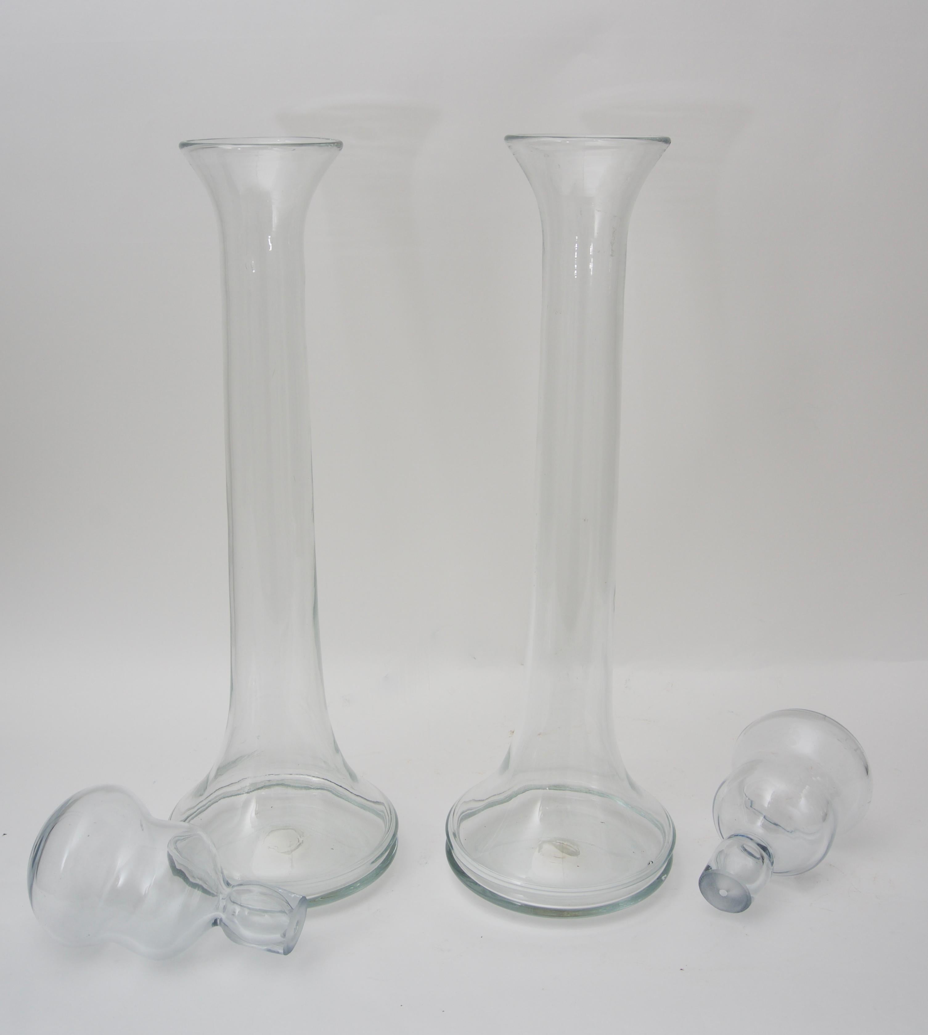 Mid-Century Modern Set of Two Large Scale Blenko, Clear Glass Decanters For Sale