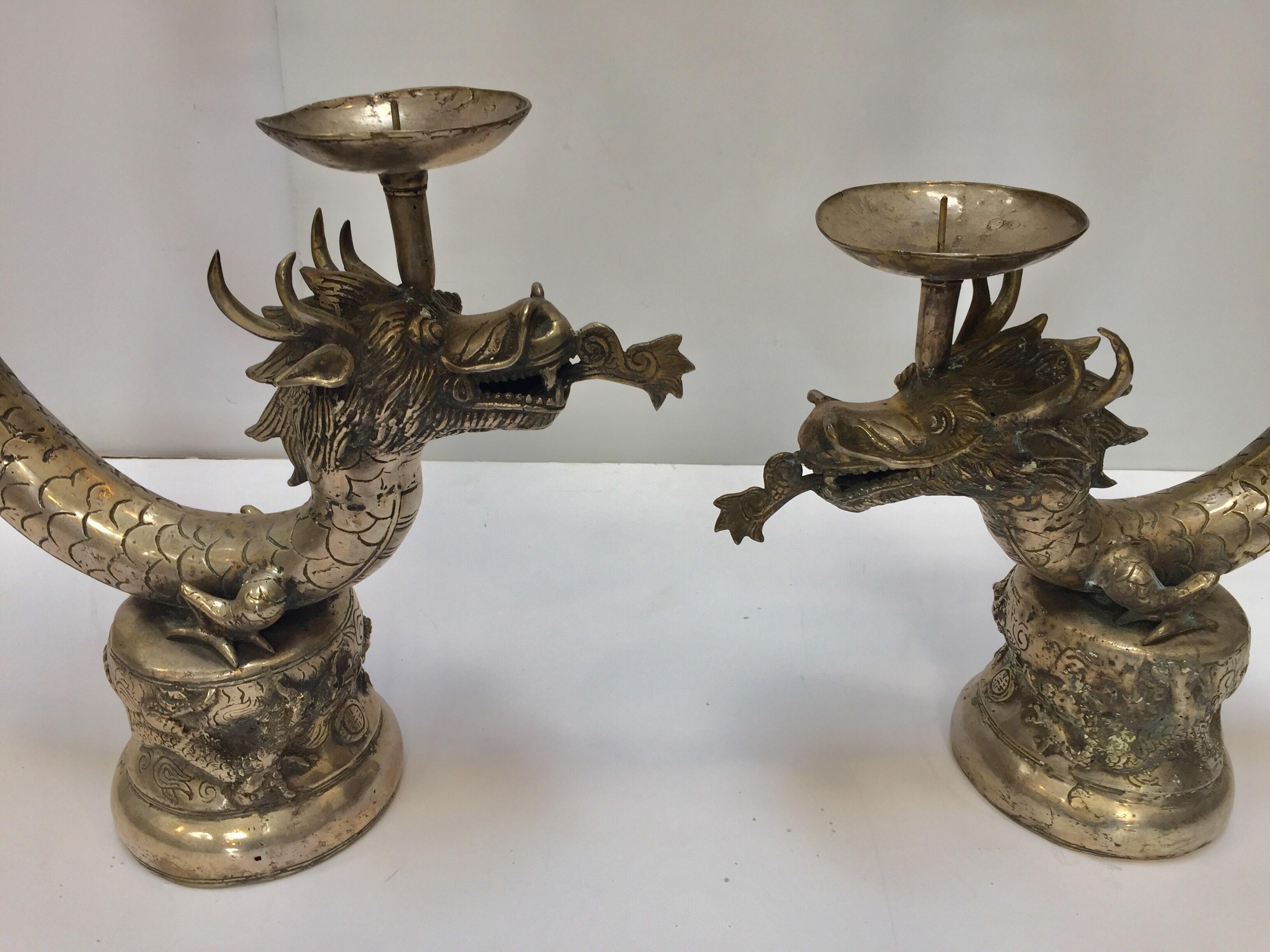 Set of Two Large Silvered Cast Metal Candle Stands Asian Dragons Sculptures 2