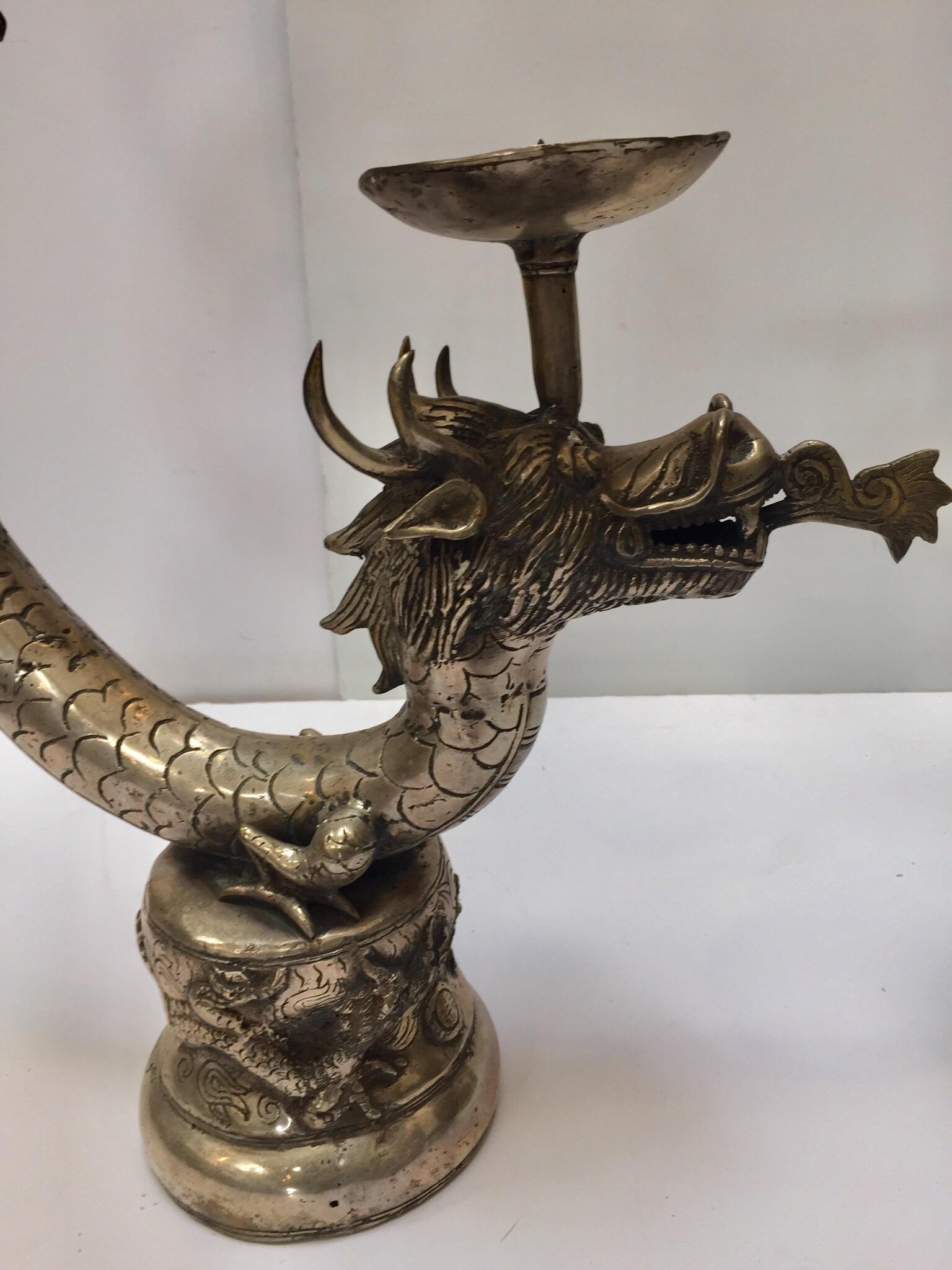 Set of Two Large Silvered Cast Metal Candle Stands Asian Dragons Sculptures 11