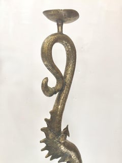 Set of Two Large Silvered Cast Metal Candle Stands Asian Dragons Sculptures