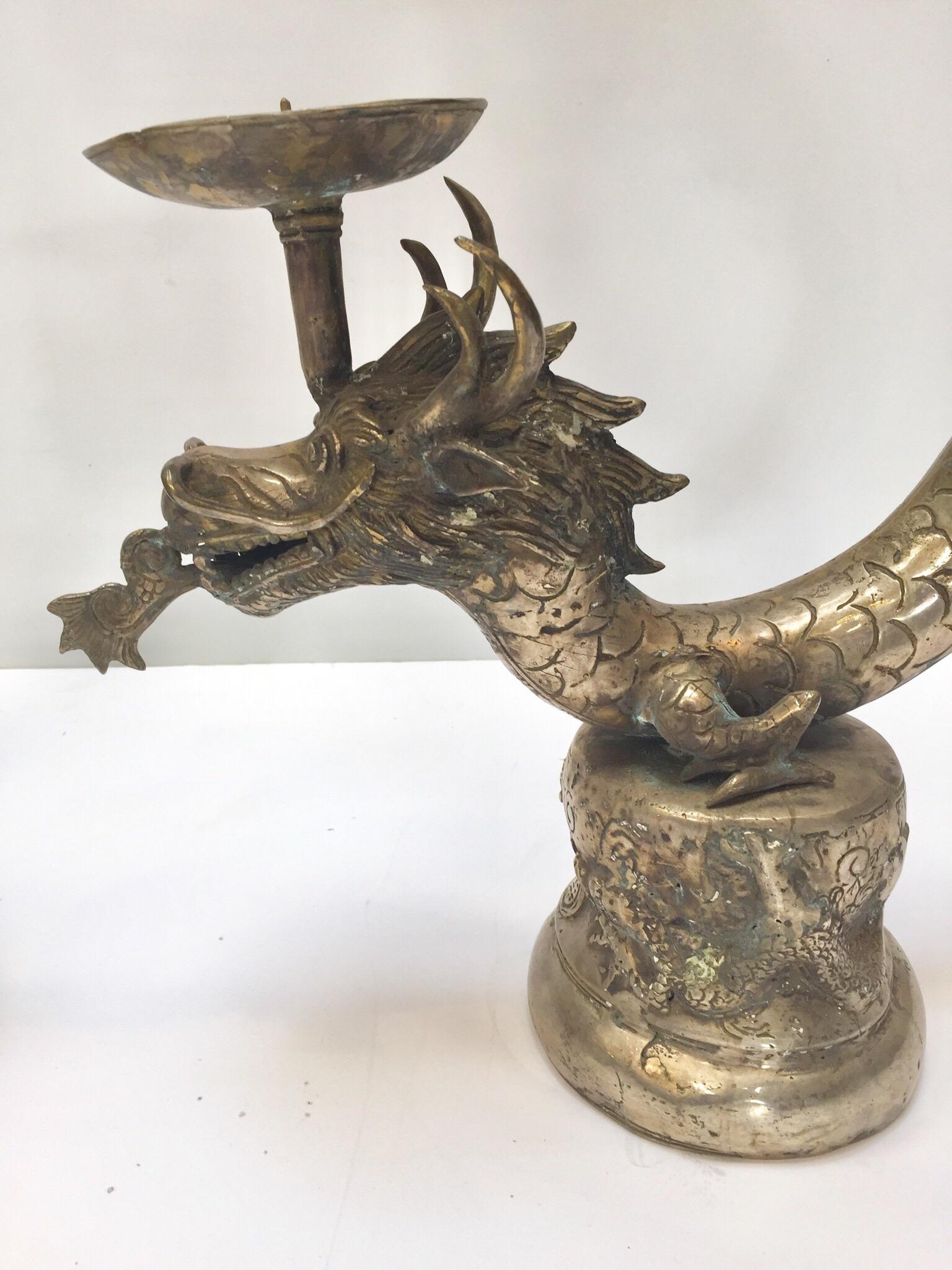 Set of Two Large Silvered Cast Metal Candle Stands Asian Dragons Sculptures 12