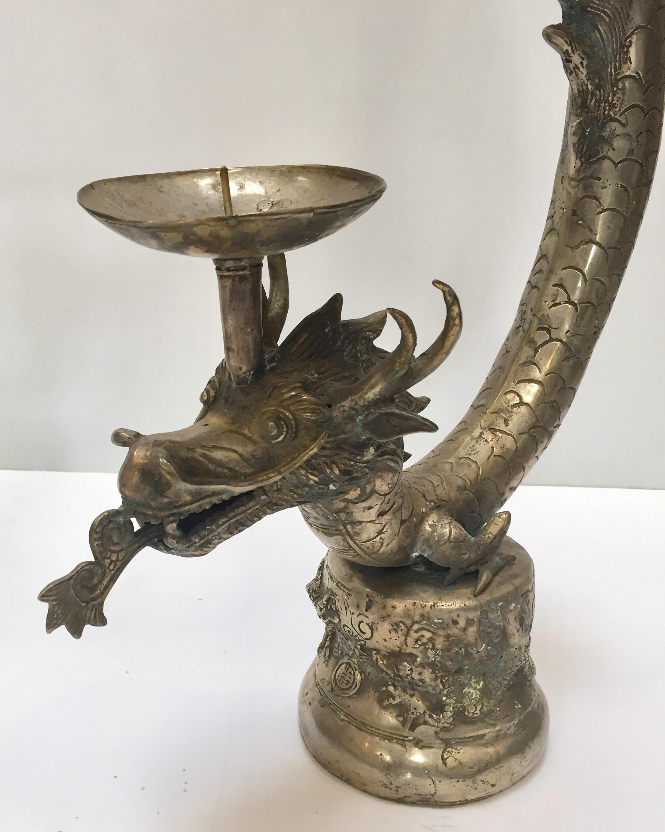 Chinese Set of Two Large Silvered Cast Metal Candle Stands Asian Dragons Sculptures